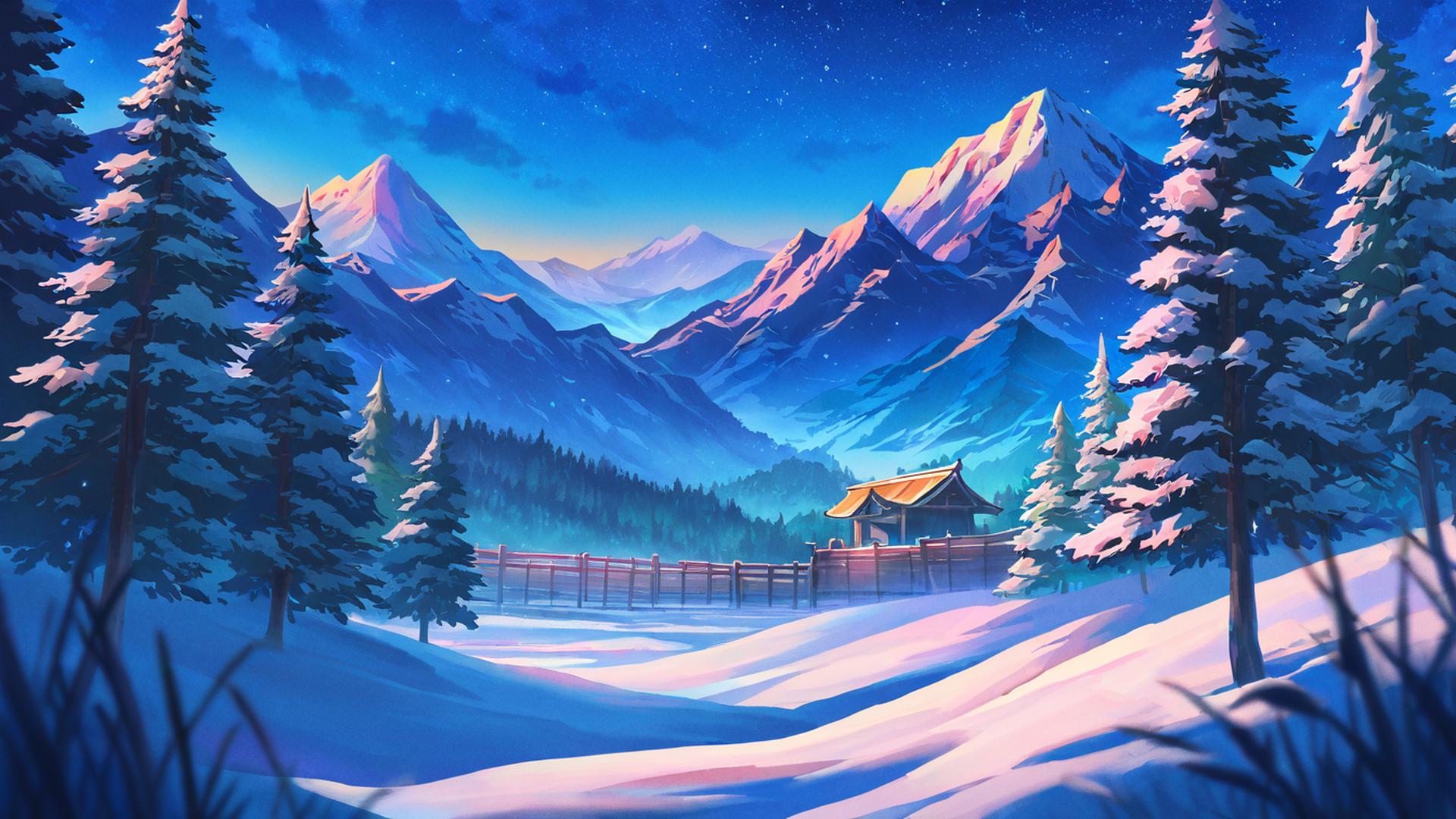 snowy mountain village lofi wallpaper