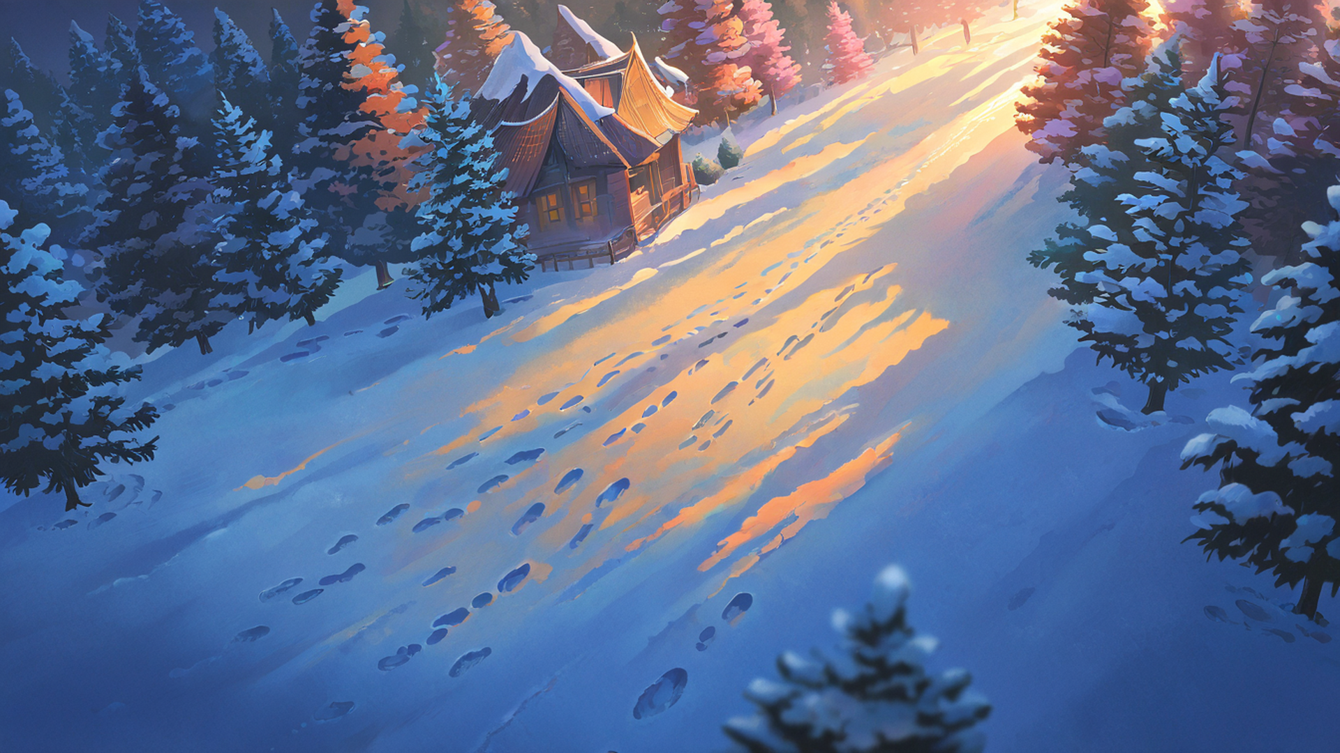 snowy mountain village lofi wallpaper