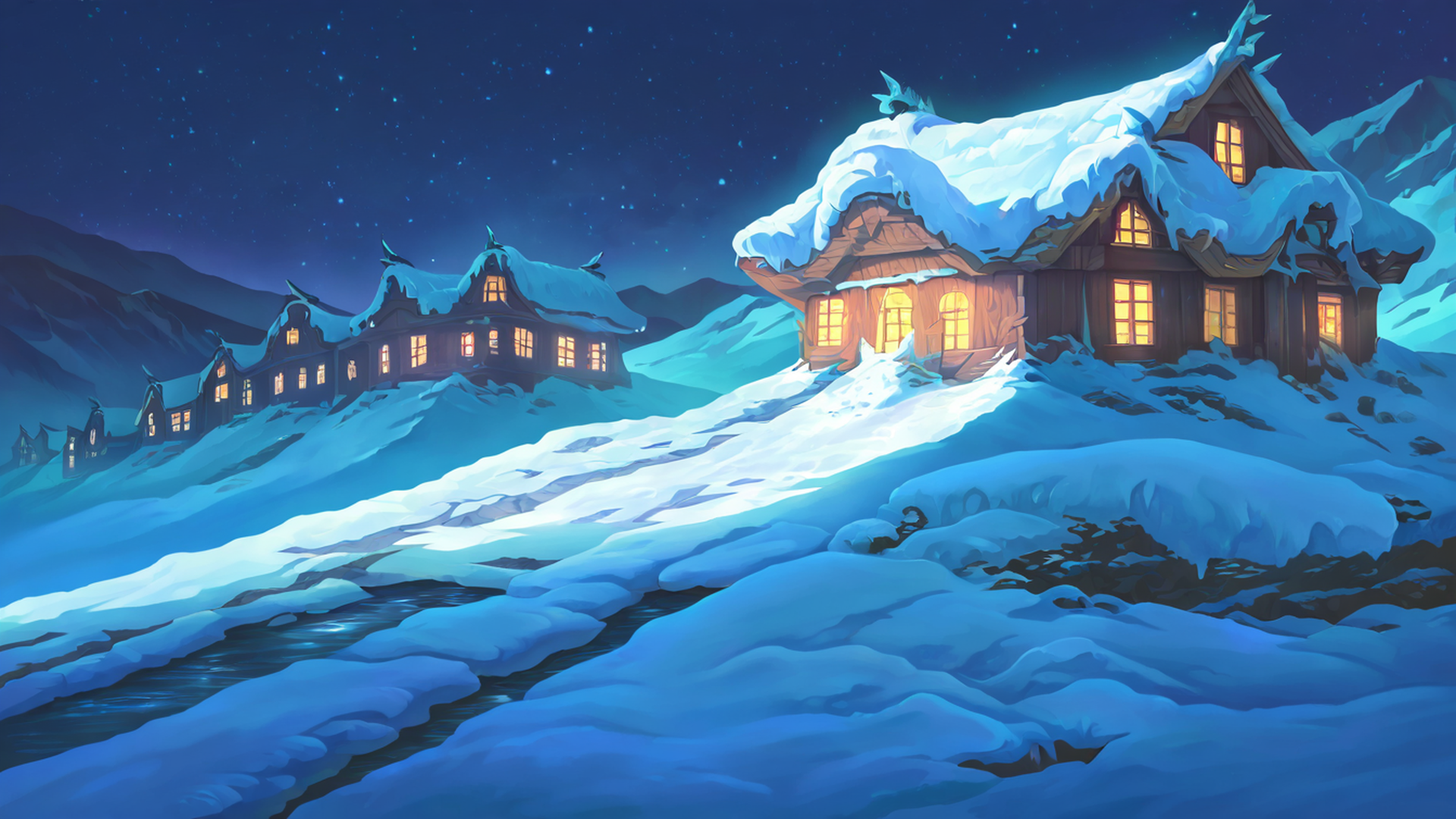 snowy mountain village lofi wallpaper