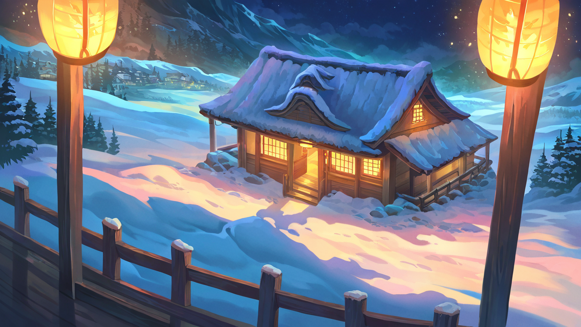 snowy mountain village lofi wallpaper