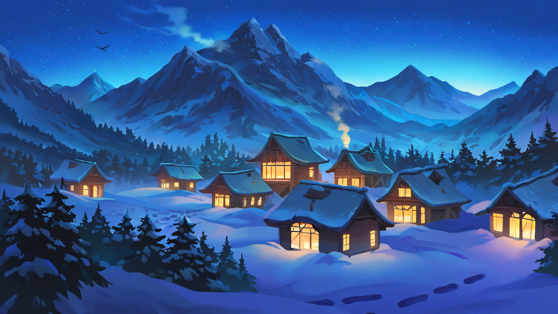 snowy mountain village lofi wallpaper
