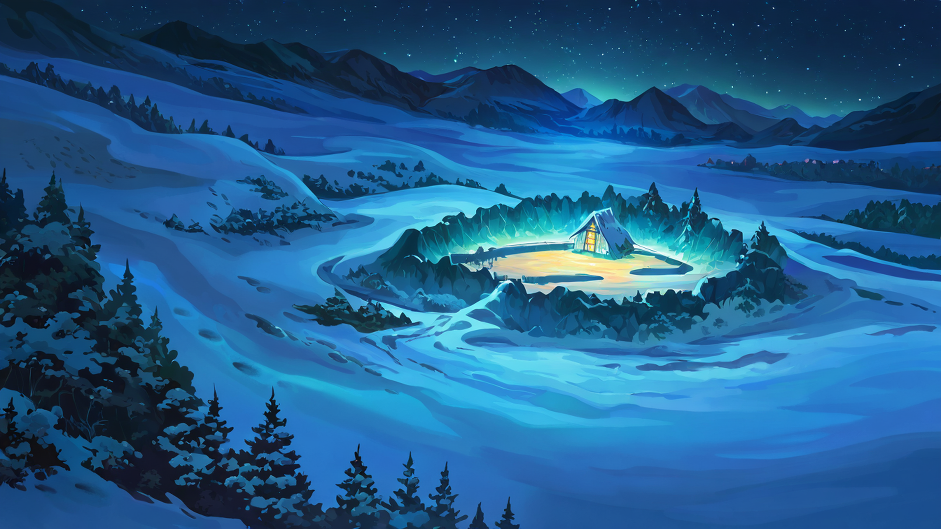 snowy mountain village lofi wallpaper