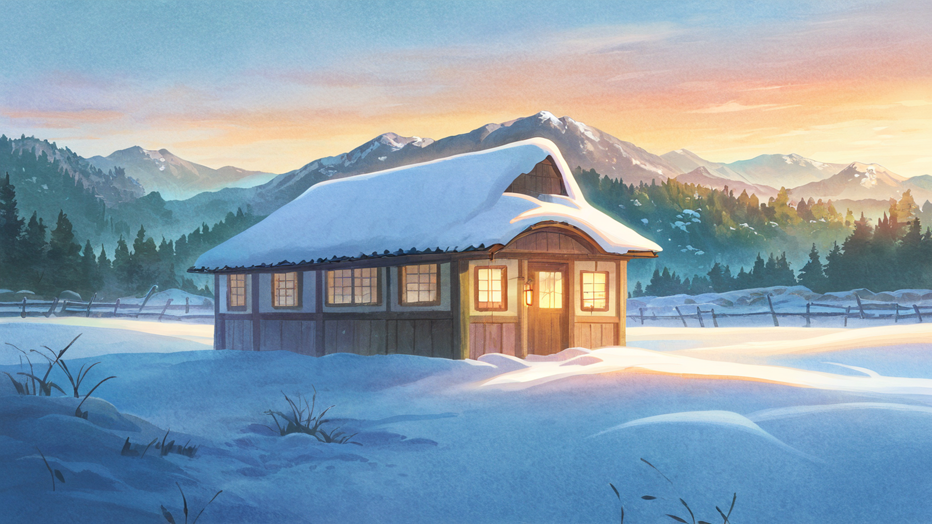snowy mountain village lofi wallpaper