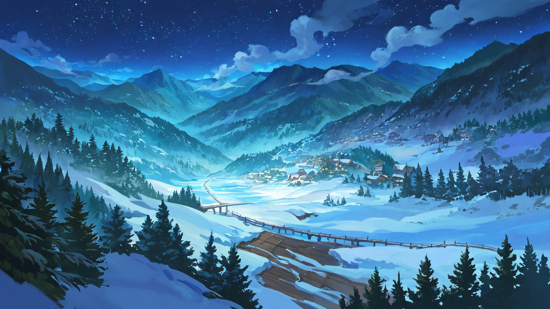 snowy mountain village lofi wallpaper
