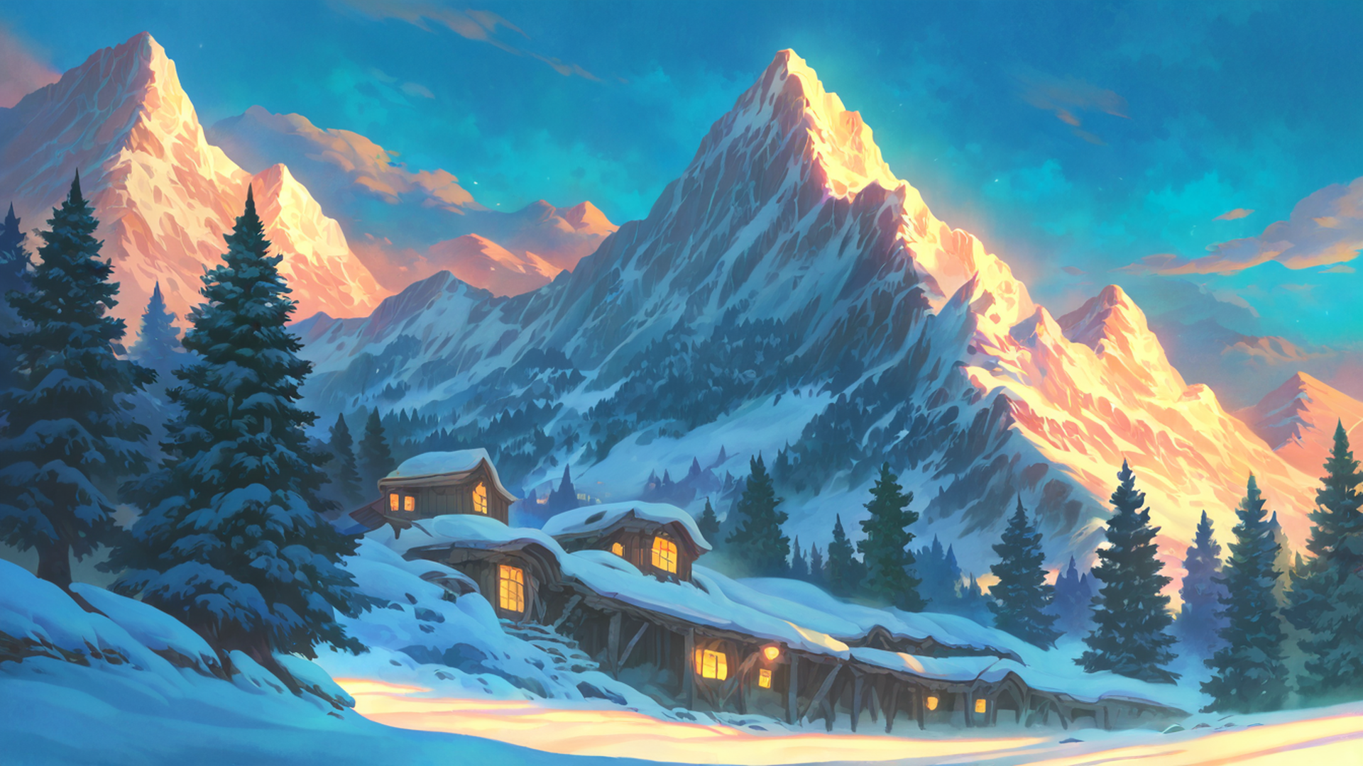 snowy mountain village lofi wallpaper