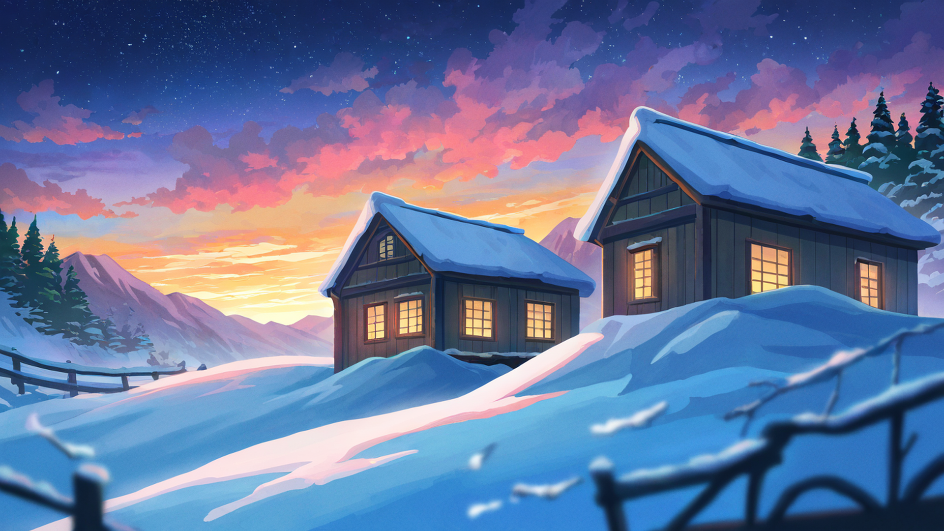 snowy mountain village lofi wallpaper