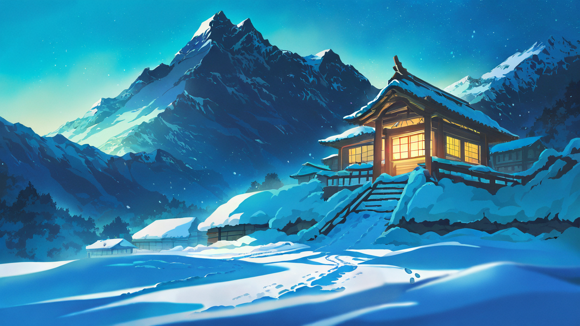 snowy mountain village lofi wallpaper