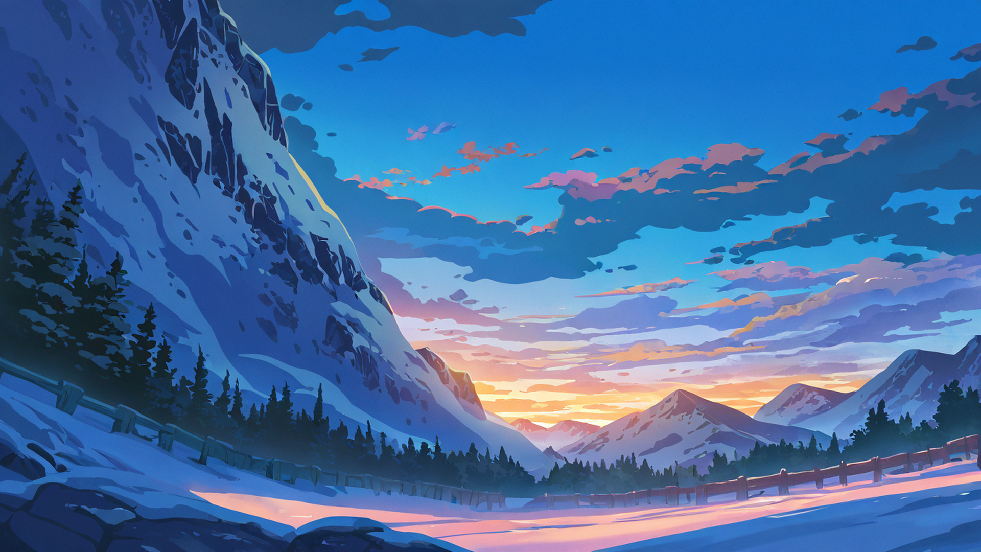 snowy mountain village lofi wallpaper