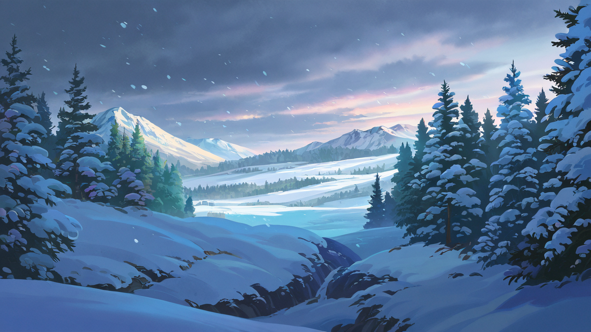 snowy mountain village lofi wallpaper
