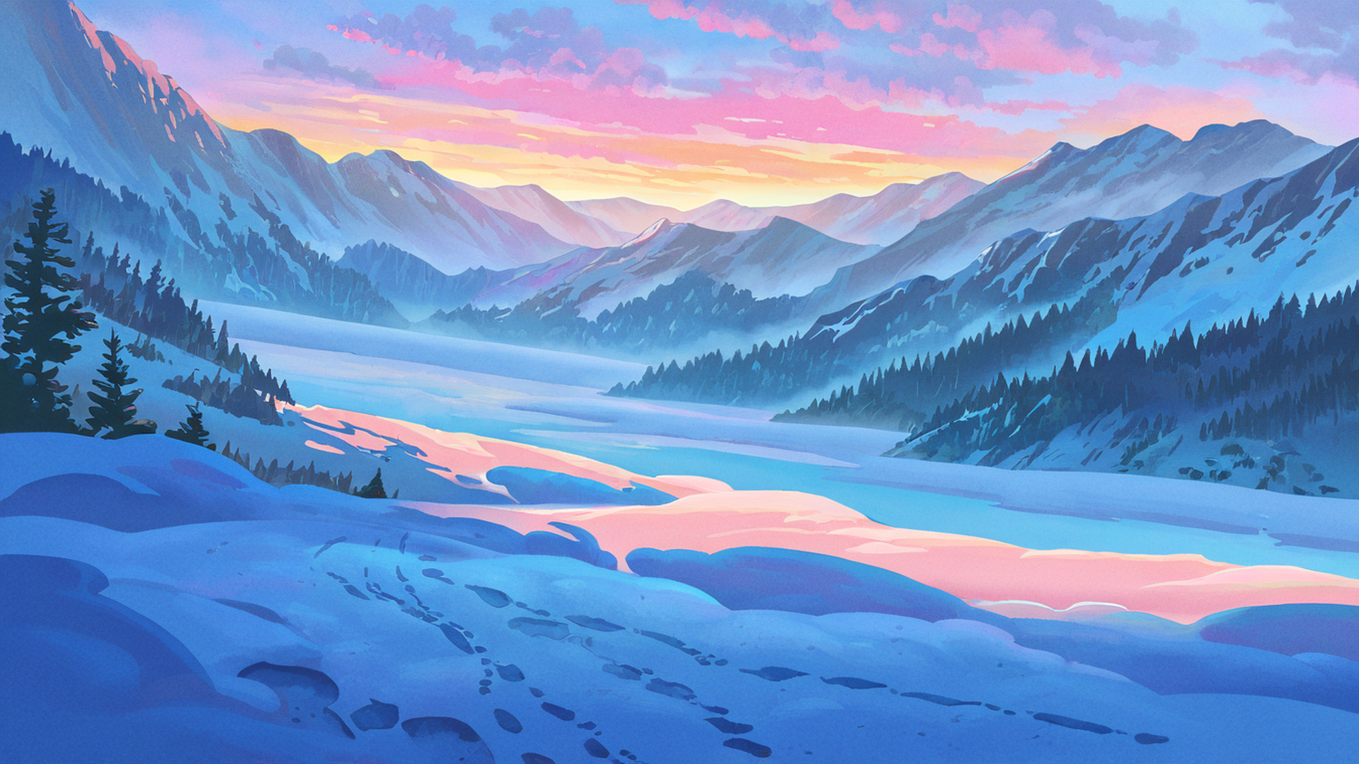 snowy mountain village lofi wallpaper