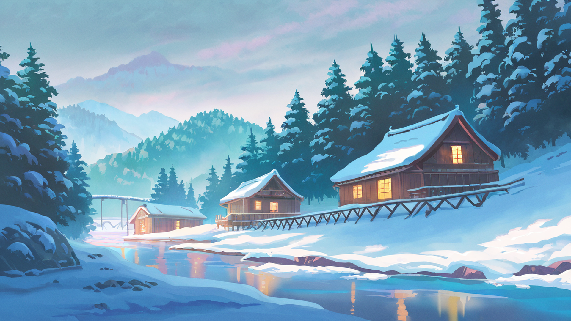 snowy mountain village lofi wallpaper