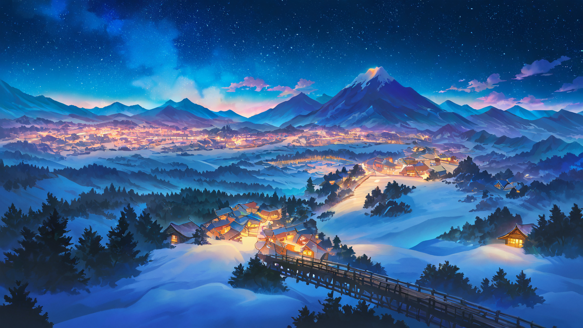 snowy mountain village lofi wallpaper