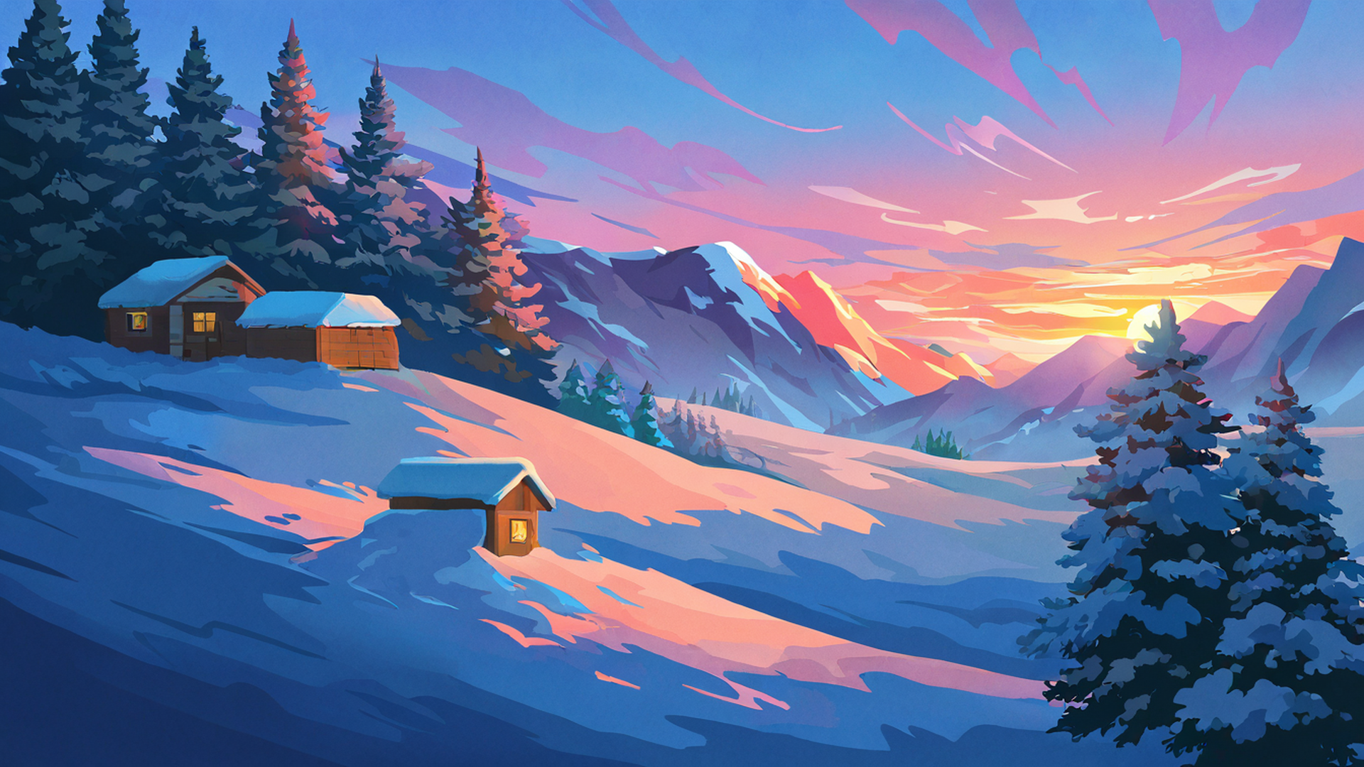 snowy mountain village lofi wallpaper