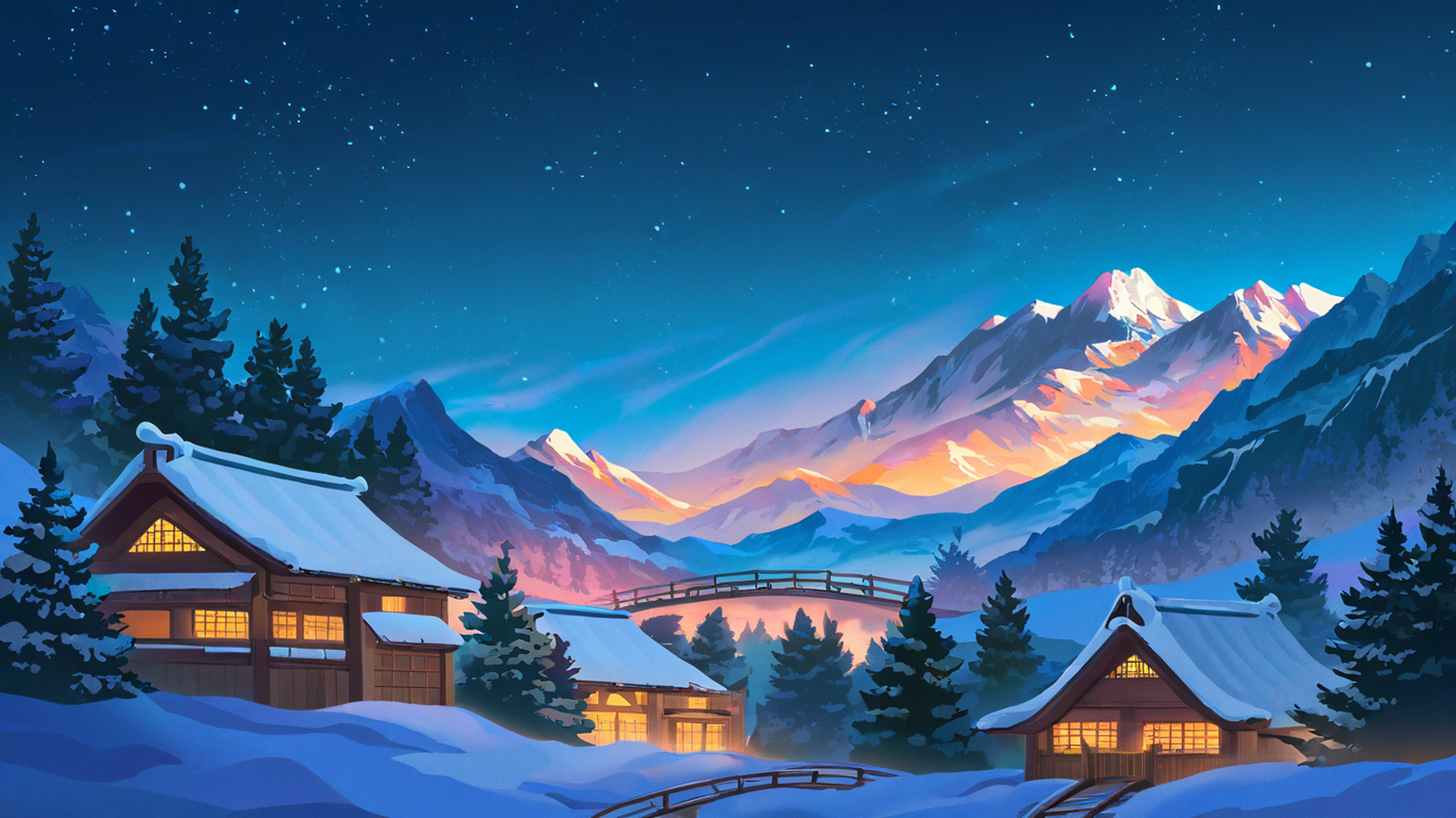 snowy mountain village lofi wallpaper