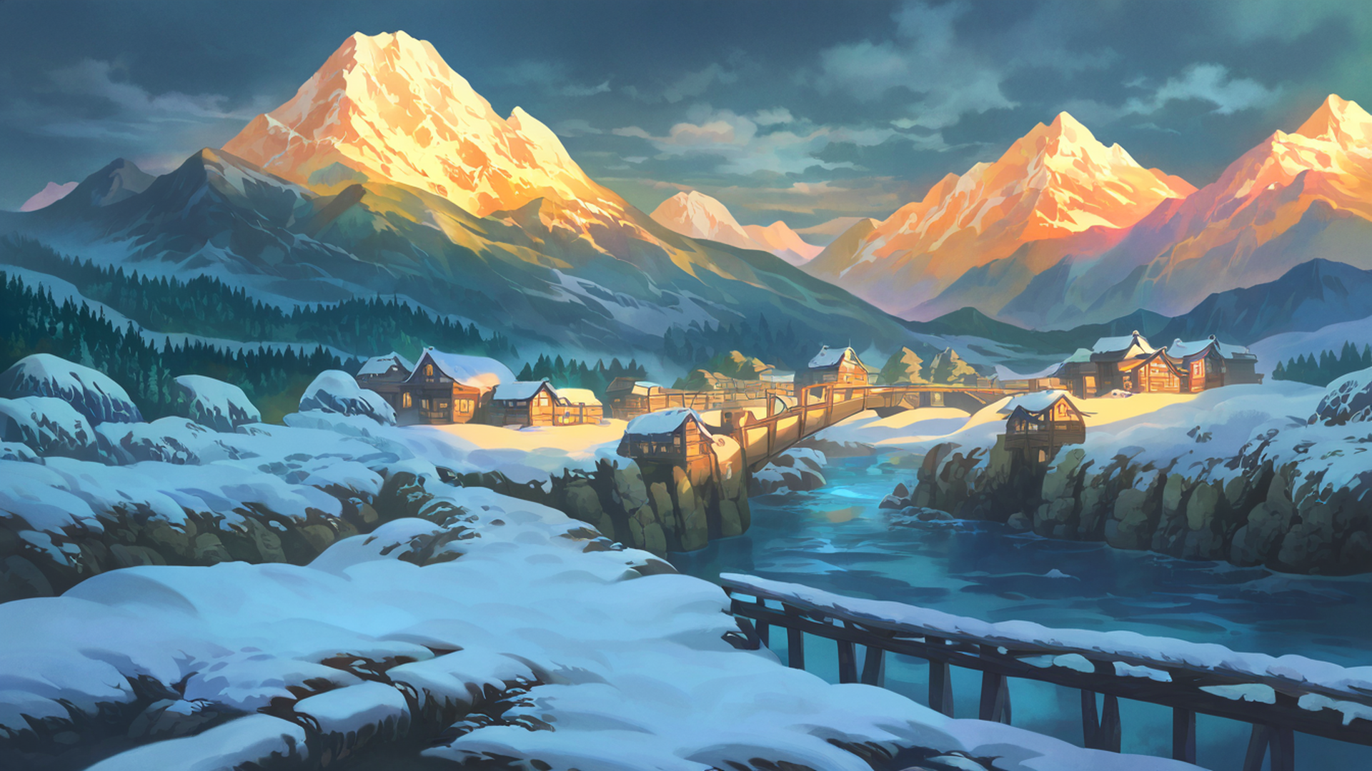 snowy mountain village lofi wallpaper