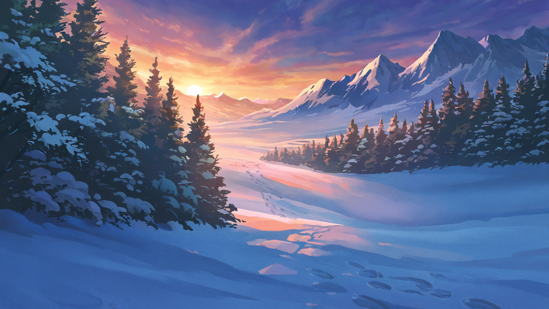 snowy mountain village lofi wallpaper