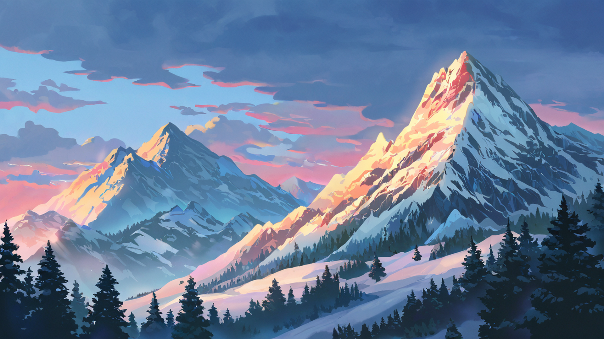 snowy mountain village lofi wallpaper