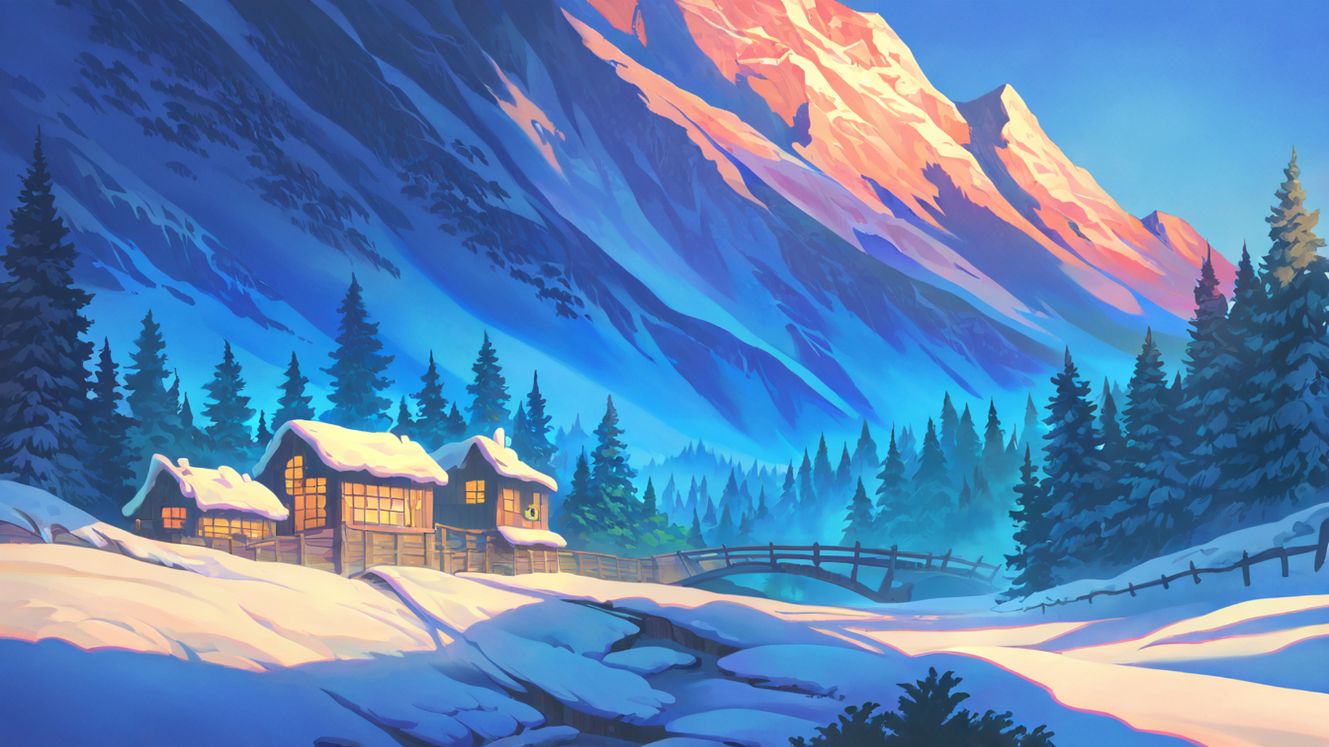 snowy mountain village lofi wallpaper