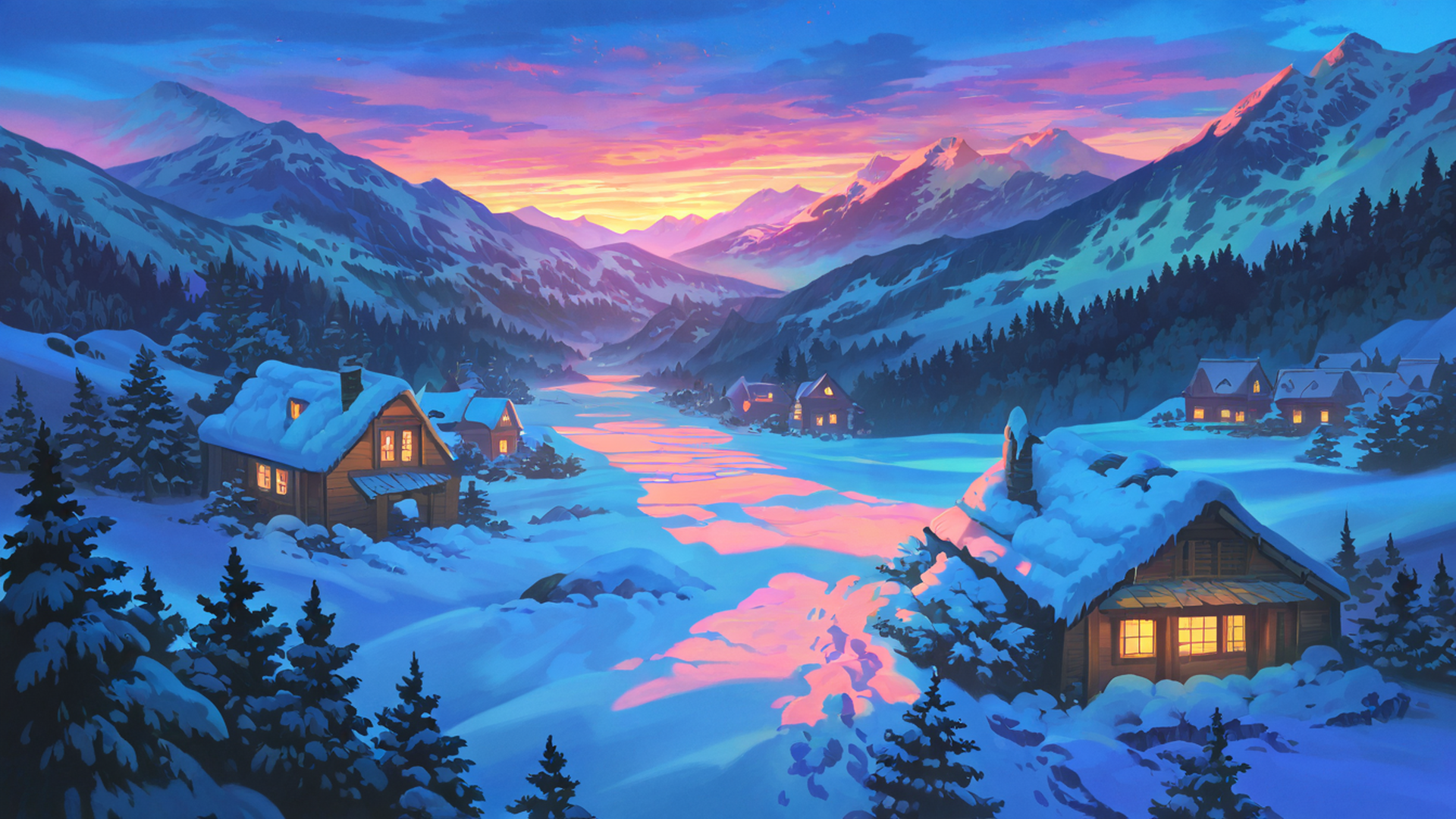 snowy mountain village lofi wallpaper