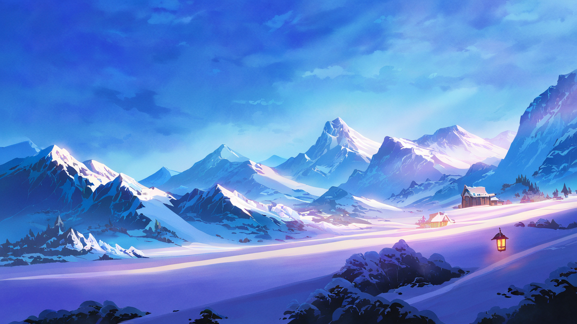 snowy mountain village lofi wallpaper