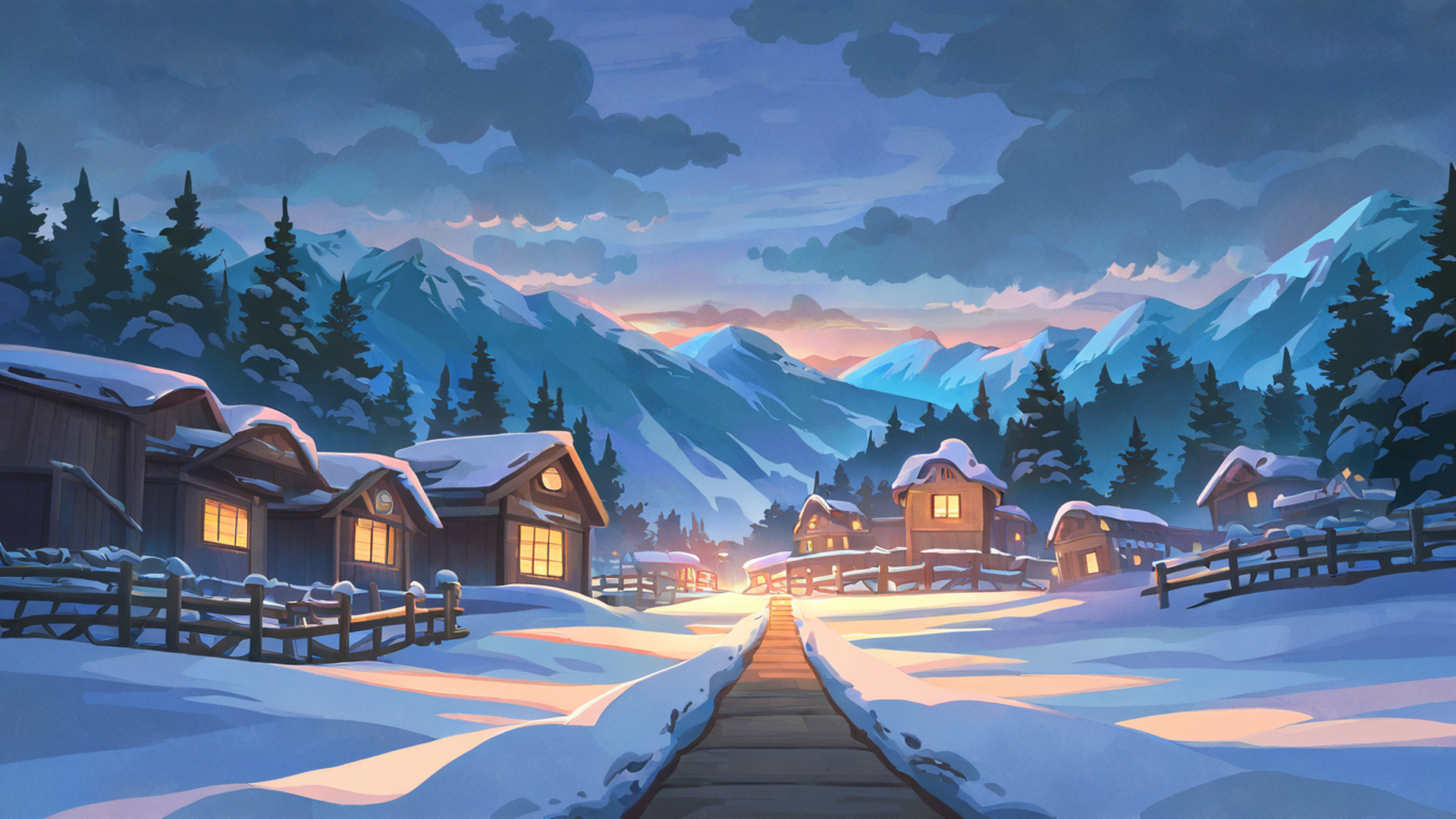 snowy mountain village lofi wallpaper