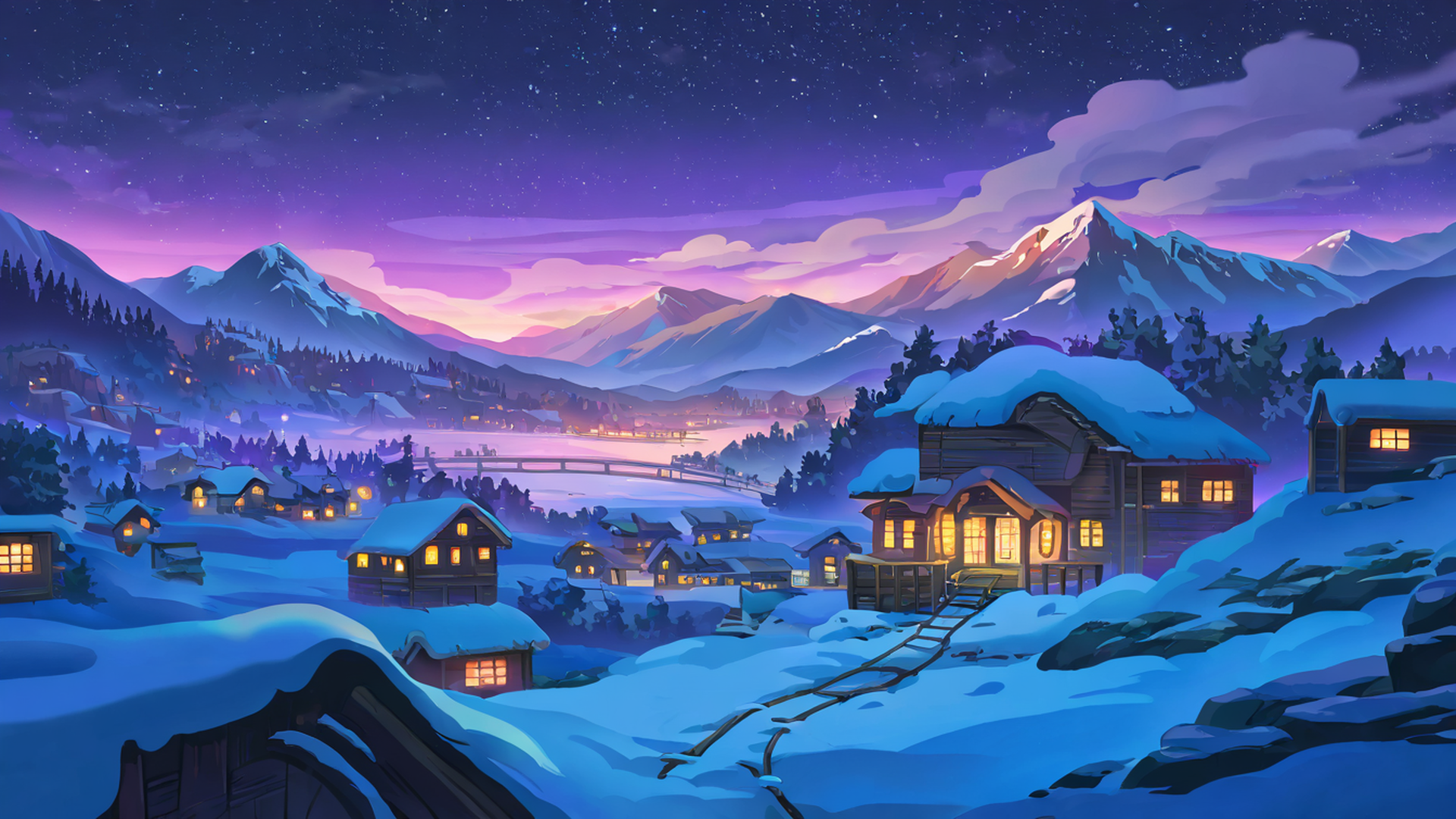 snowy mountain village lofi wallpaper