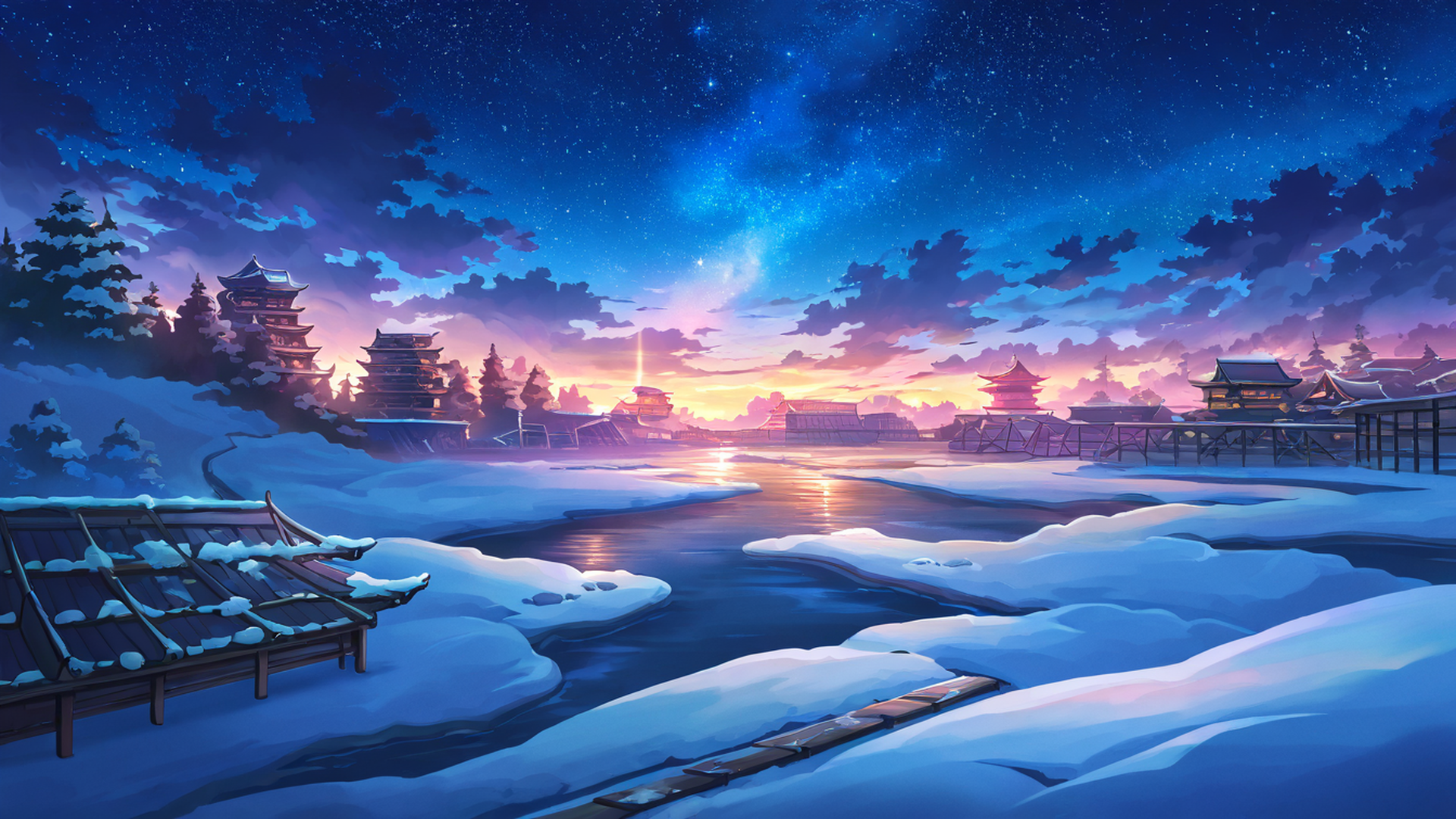 snowy mountain village lofi wallpaper