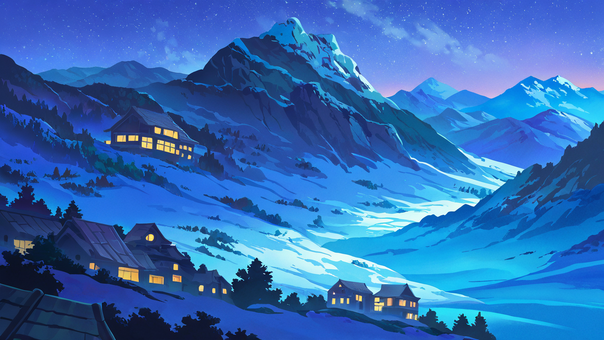 snowy mountain village lofi wallpaper