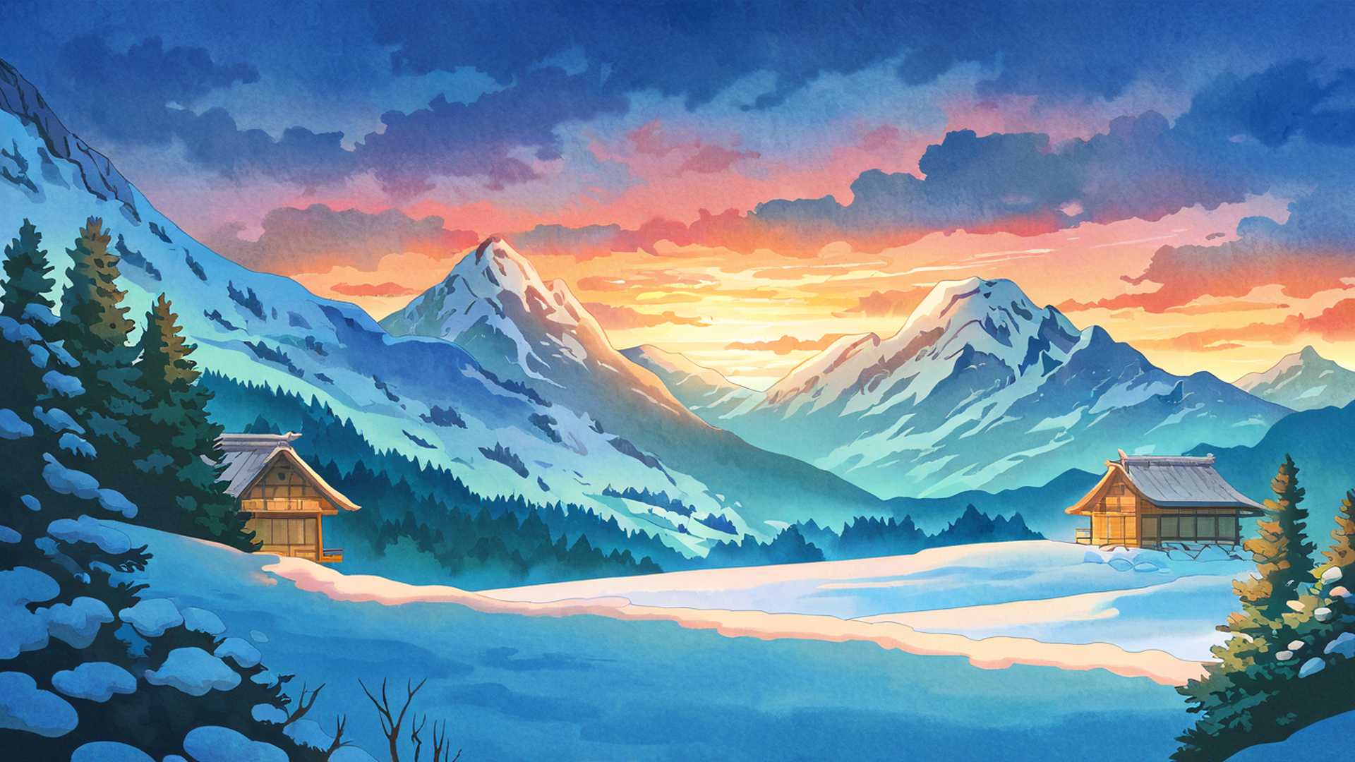 snowy mountain village lofi wallpaper