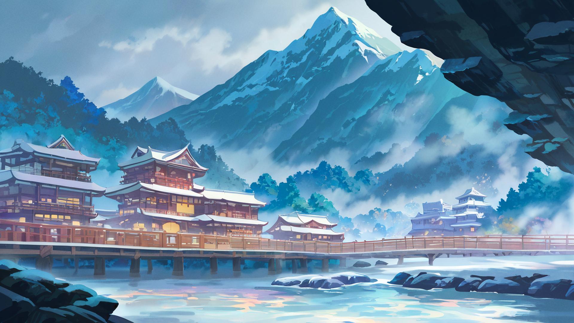 snowy mountain village lofi wallpaper