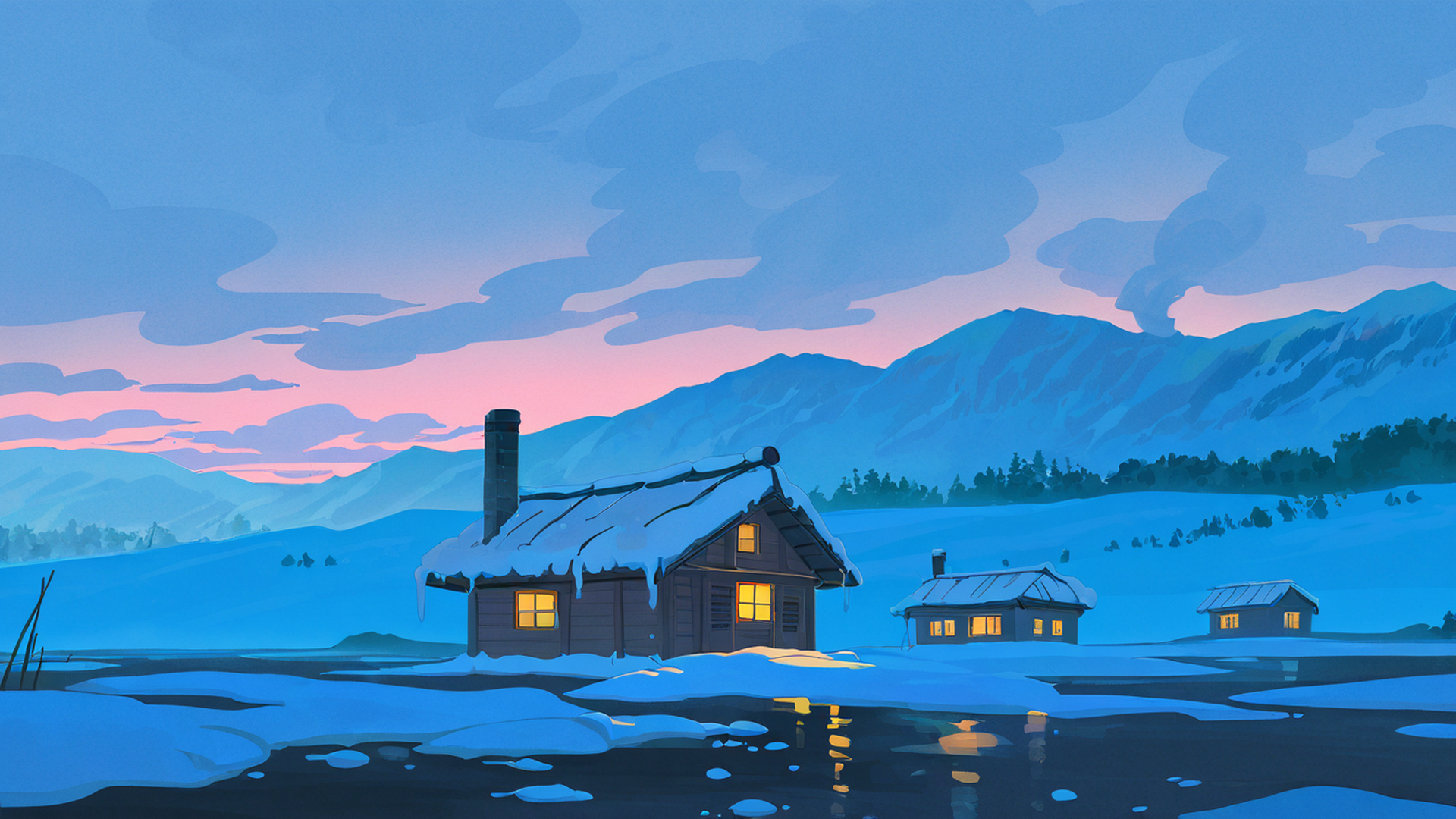 snowy mountain village lofi wallpaper