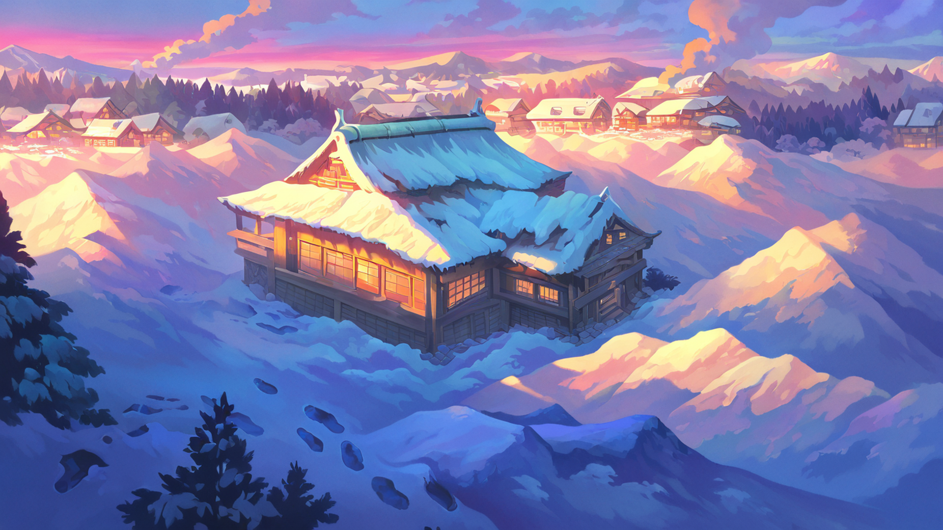 snowy mountain village lofi wallpaper