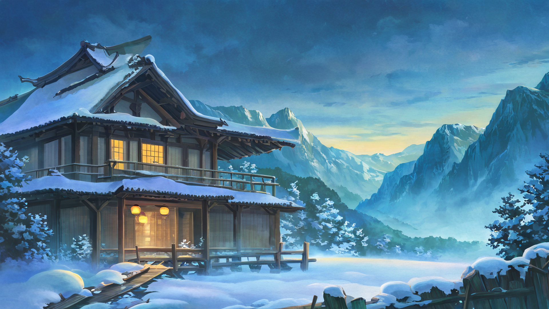 snowy mountain village lofi wallpaper