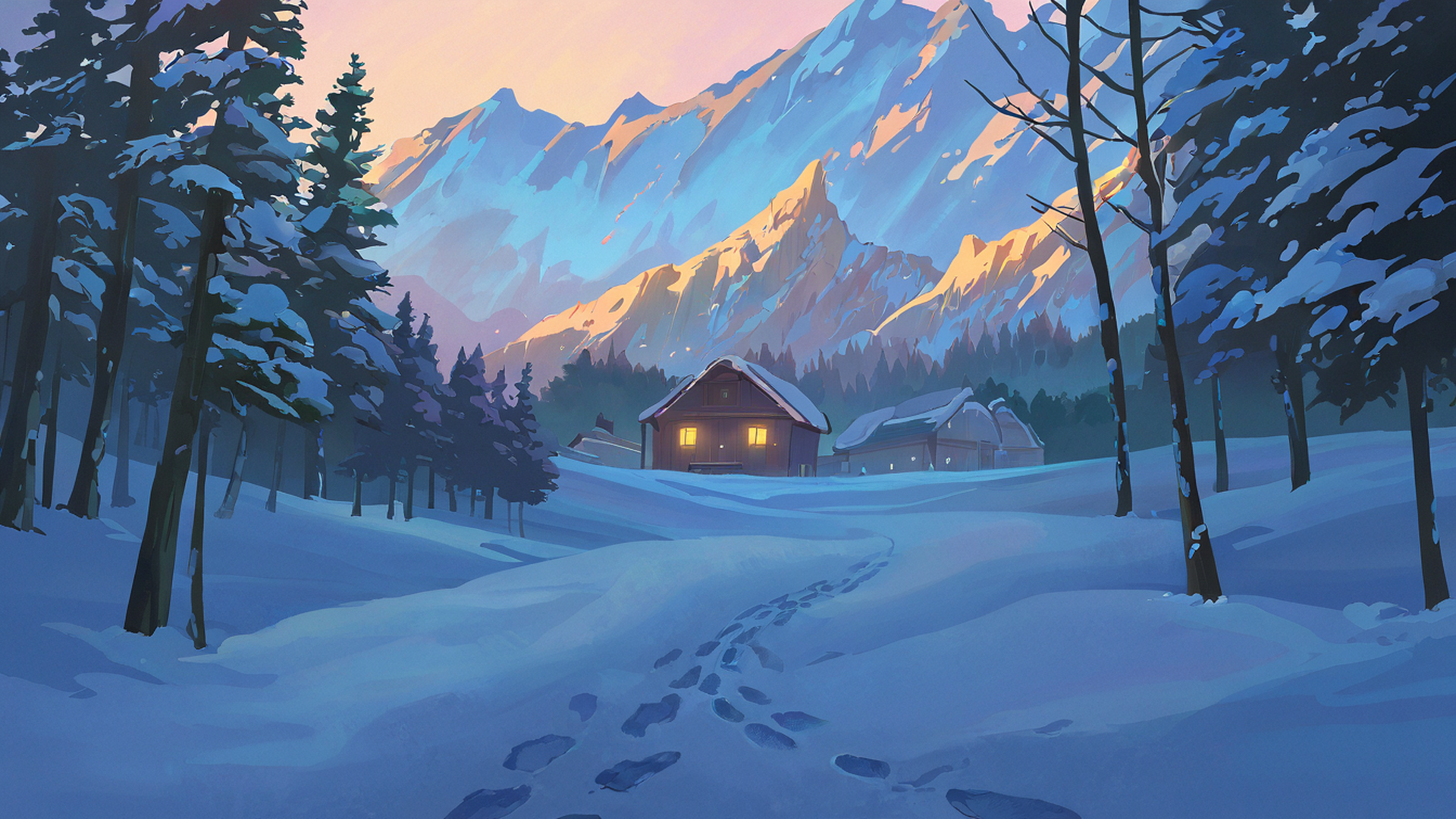 snowy mountain village lofi wallpaper