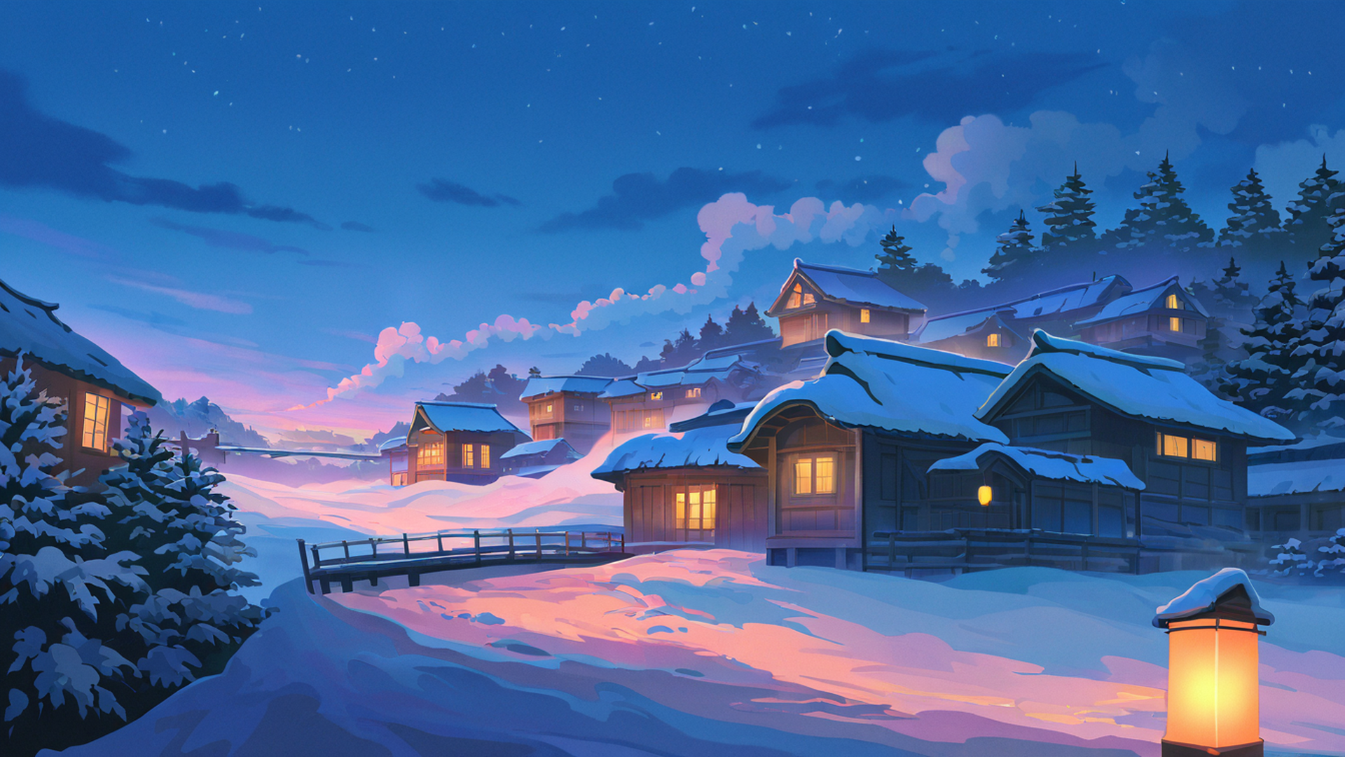 snowy mountain village lofi wallpaper