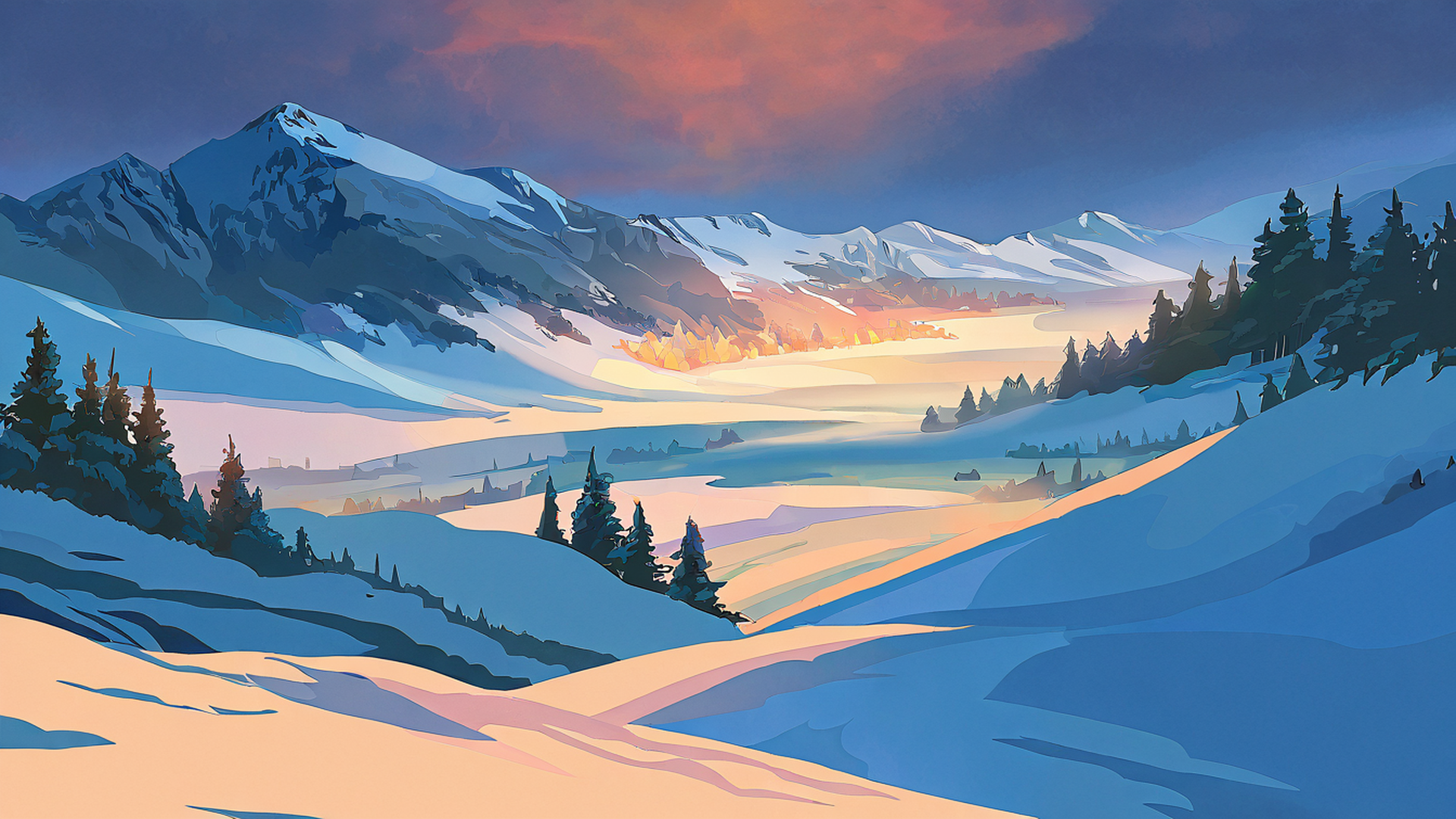 snowy mountain village lofi wallpaper