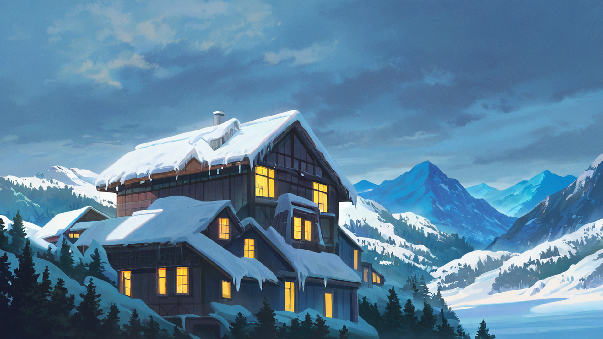 snowy mountain village lofi wallpaper