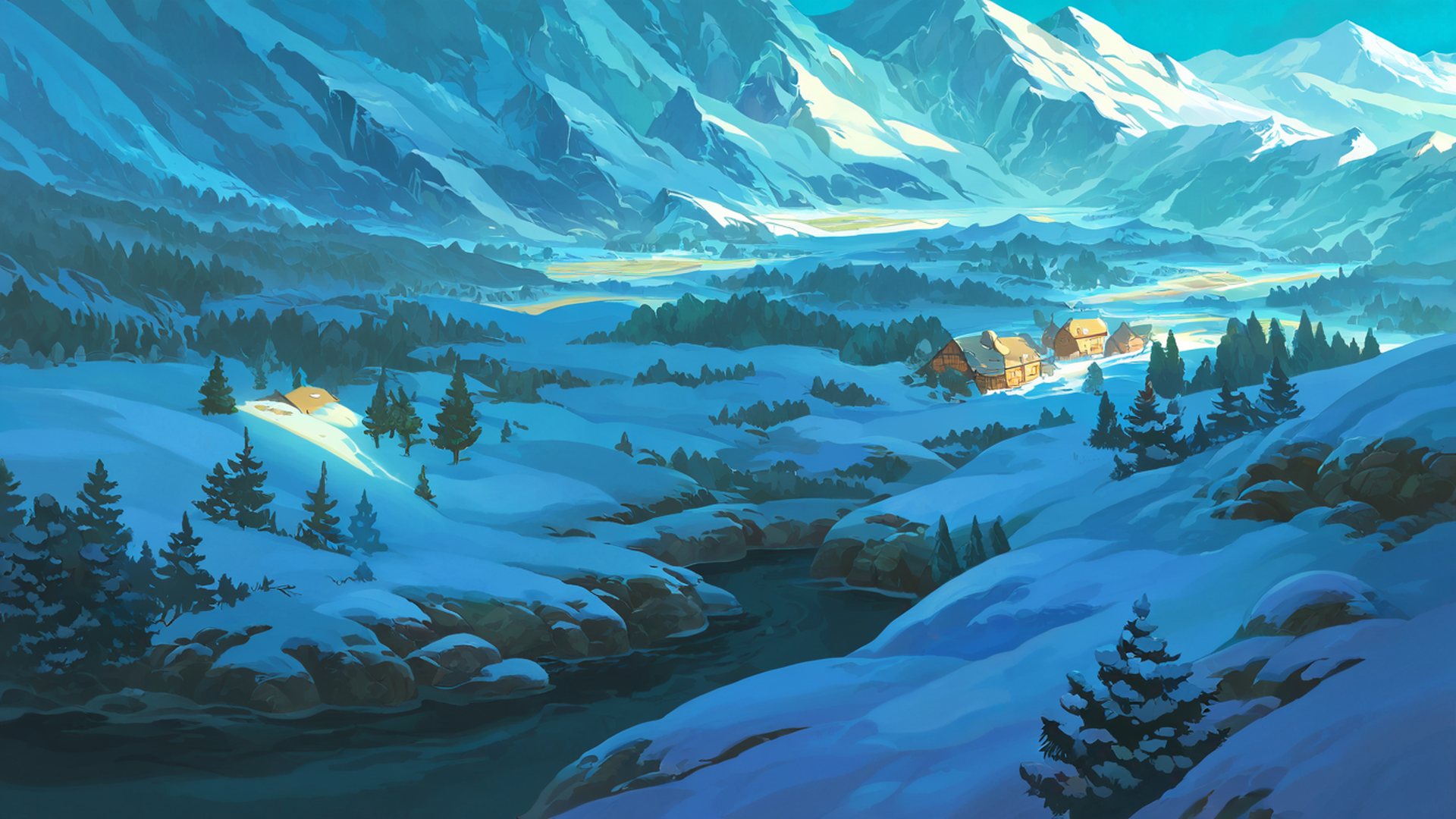 snowy mountain village lofi wallpaper