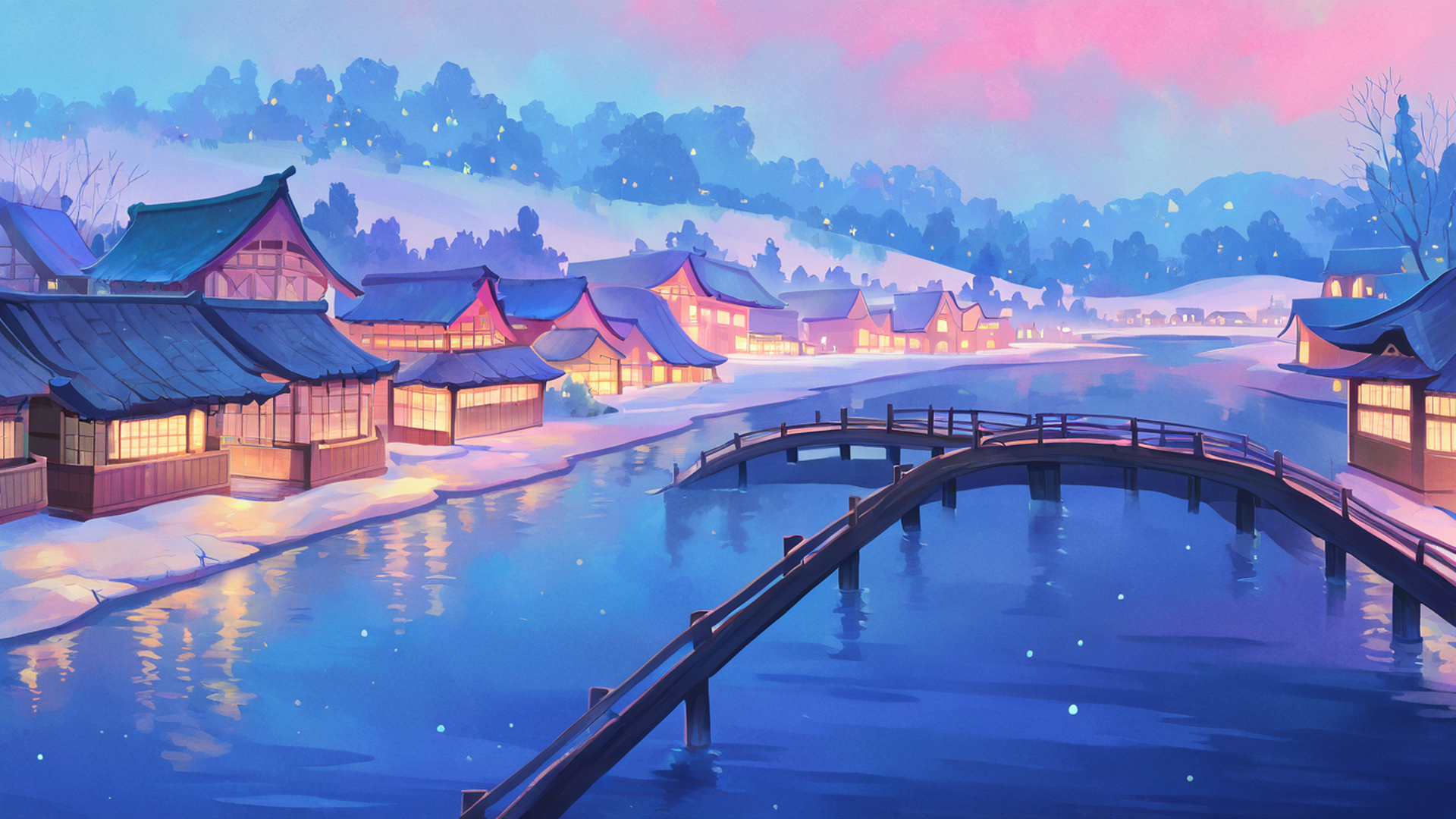 snowy mountain village lofi wallpaper