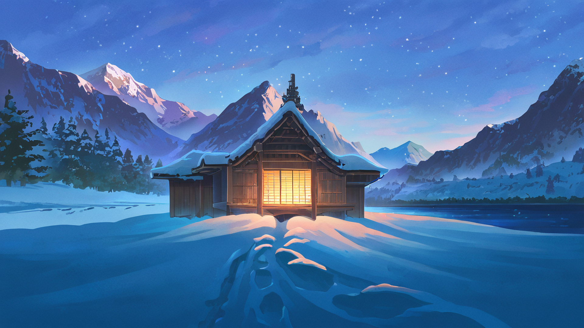 snowy mountain village lofi wallpaper