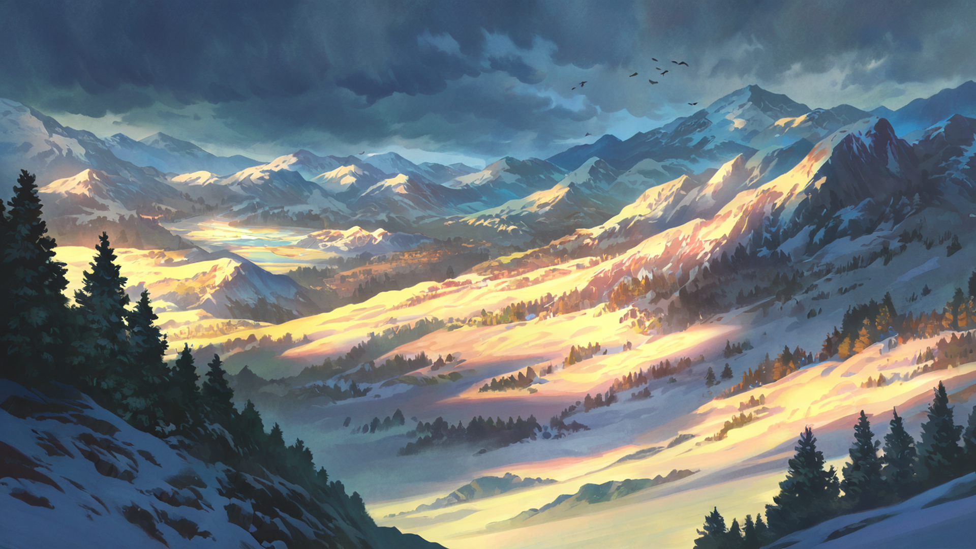 snowy mountain village lofi wallpaper