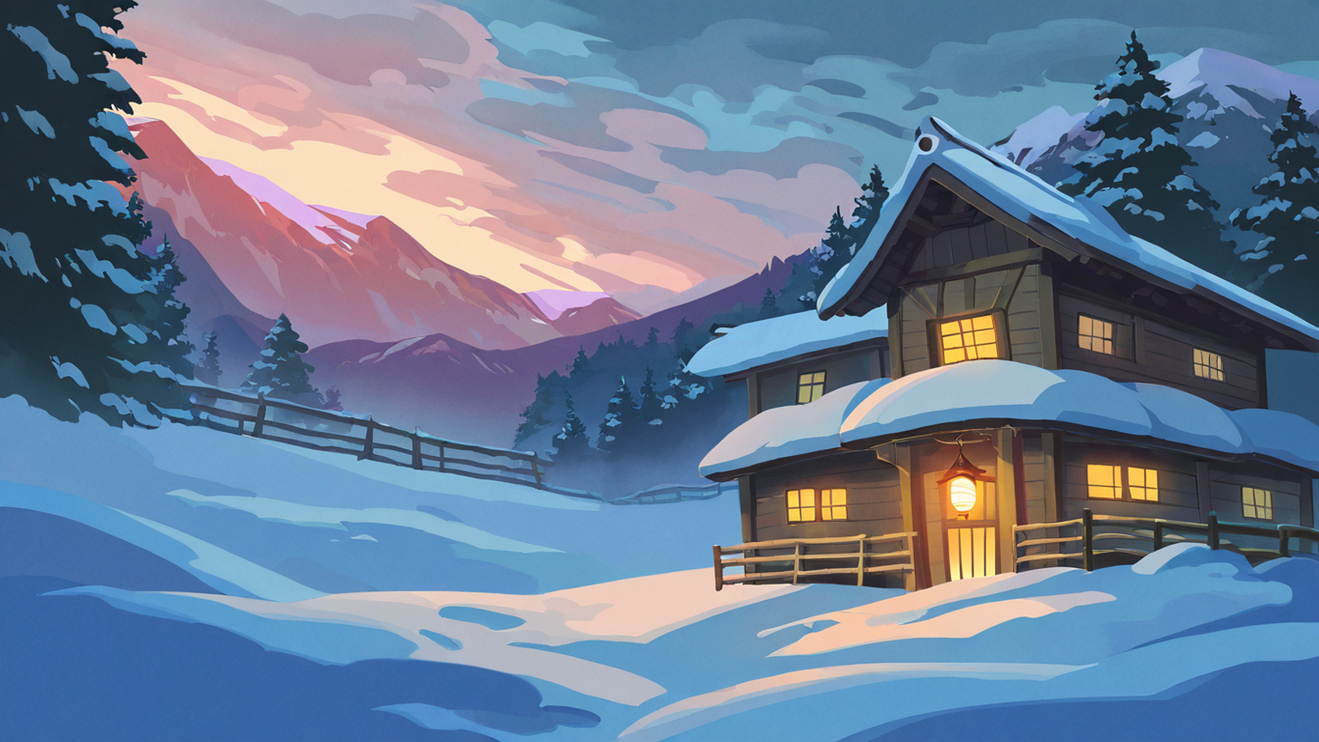 snowy mountain village lofi wallpaper