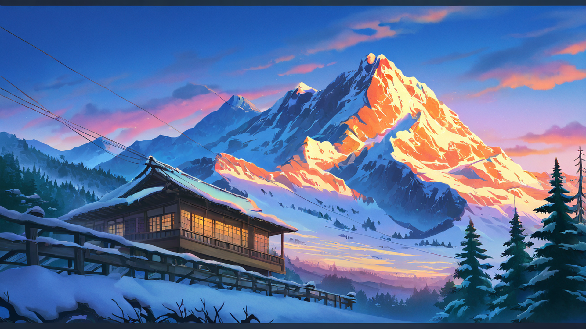 snowy mountain village lofi wallpaper
