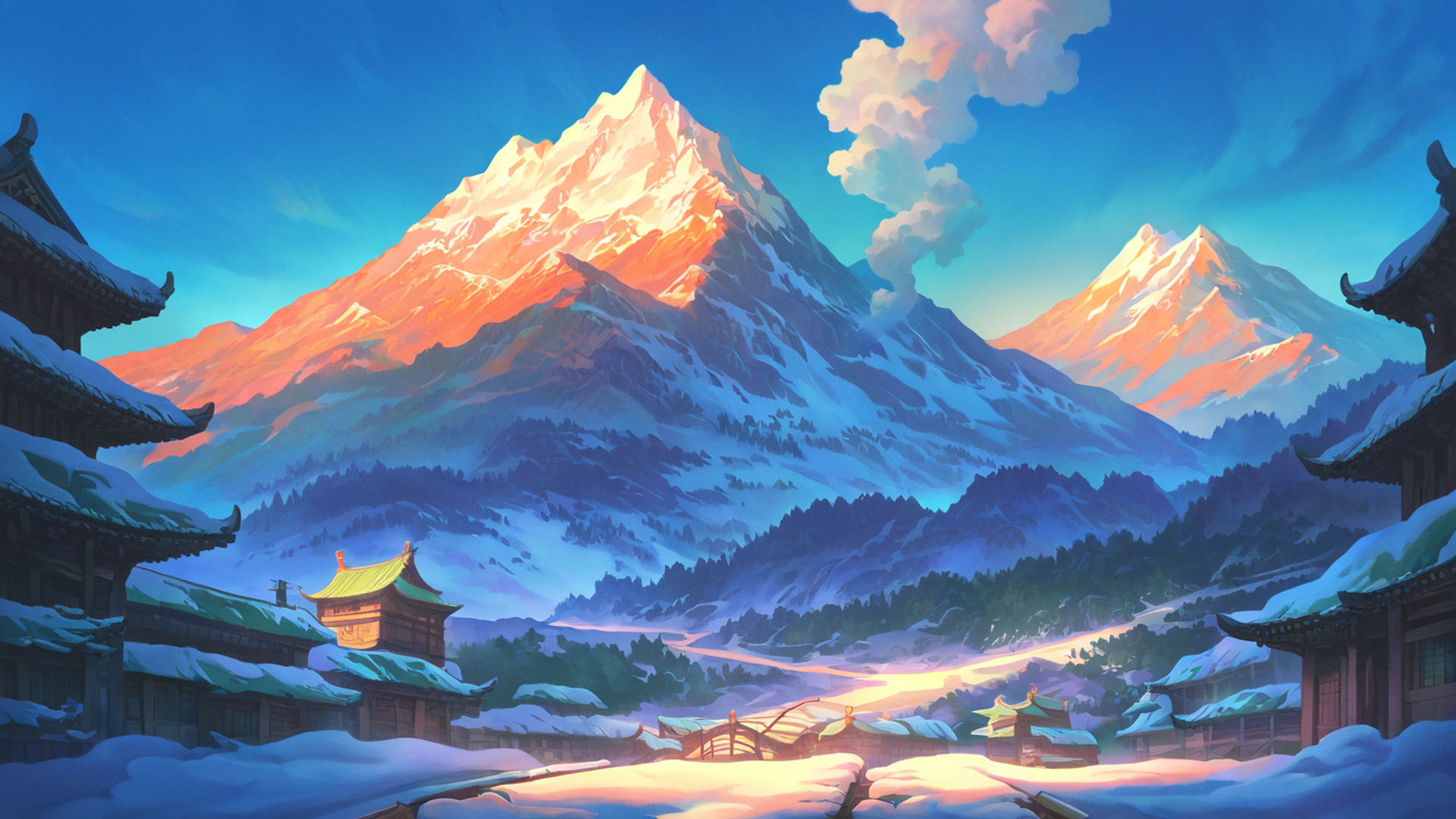 snowy mountain village lofi wallpaper
