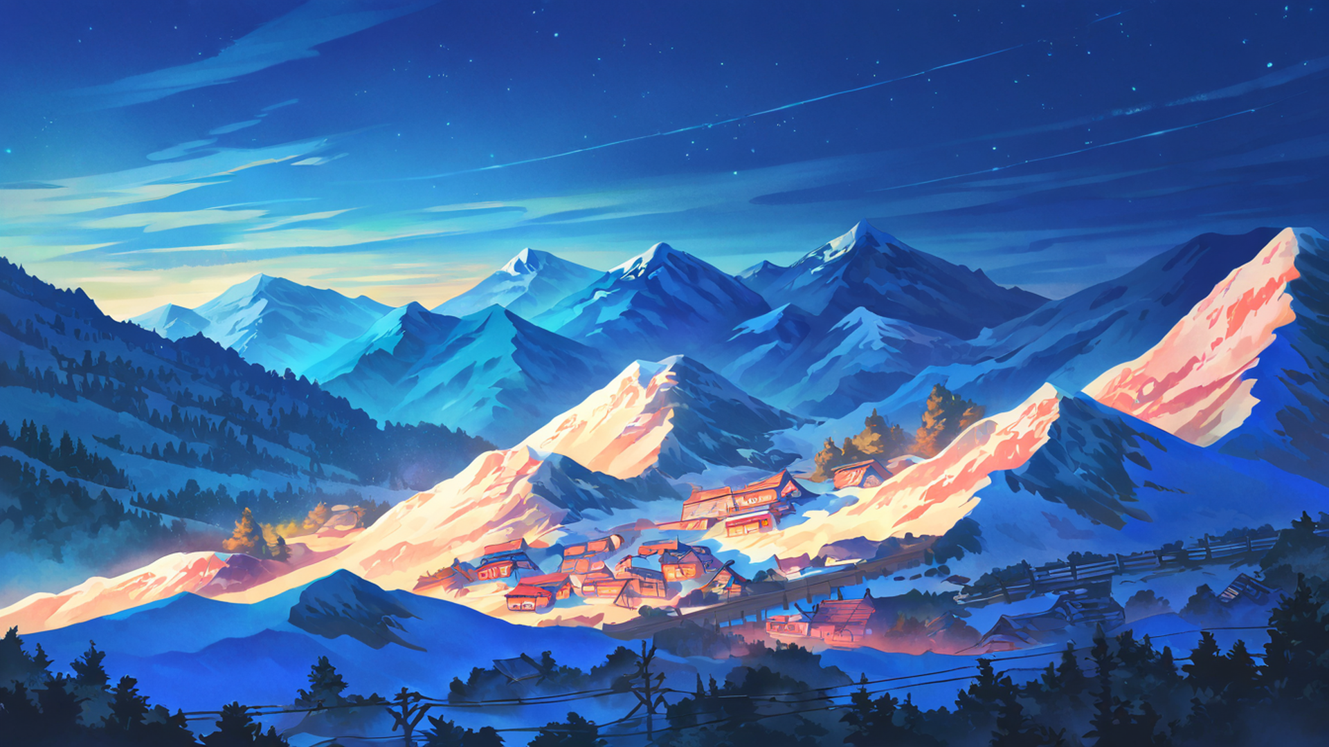 snowy mountain village lofi wallpaper