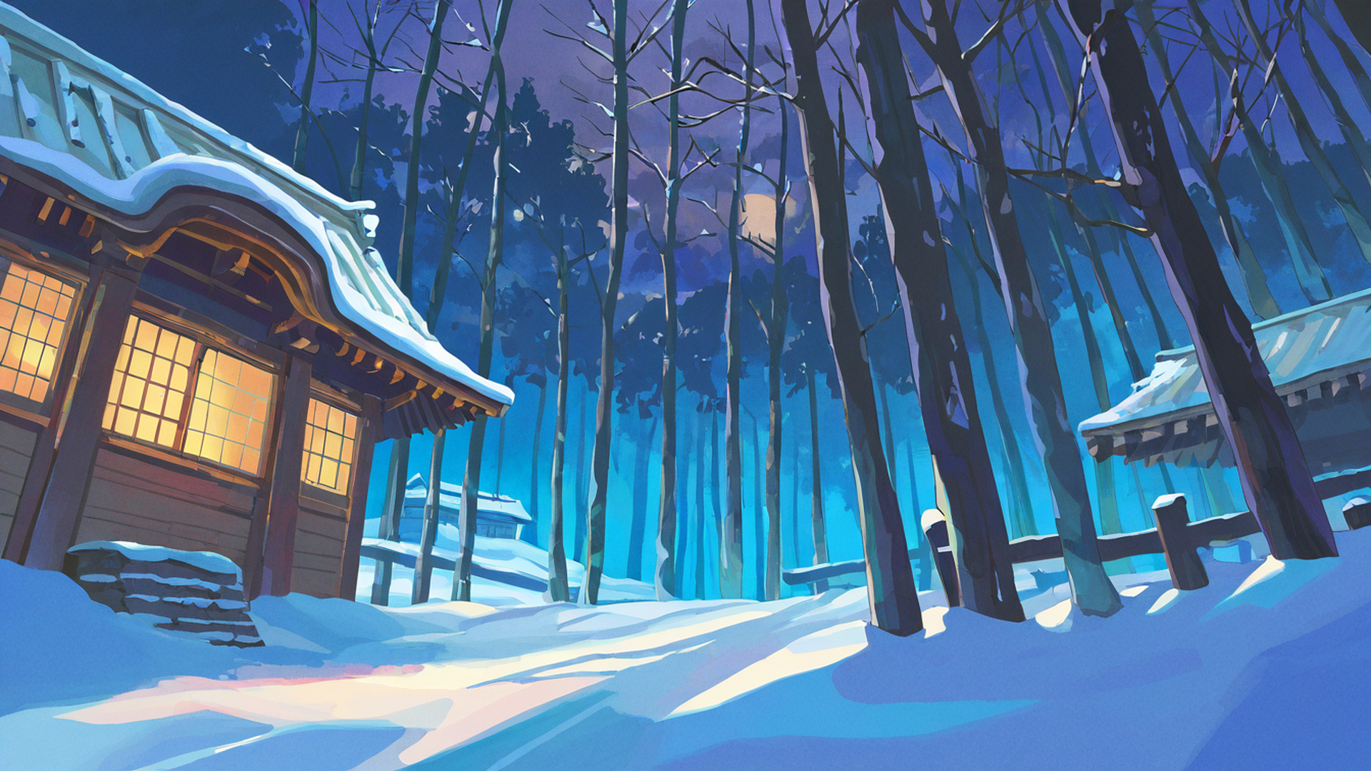 snowy mountain village lofi wallpaper