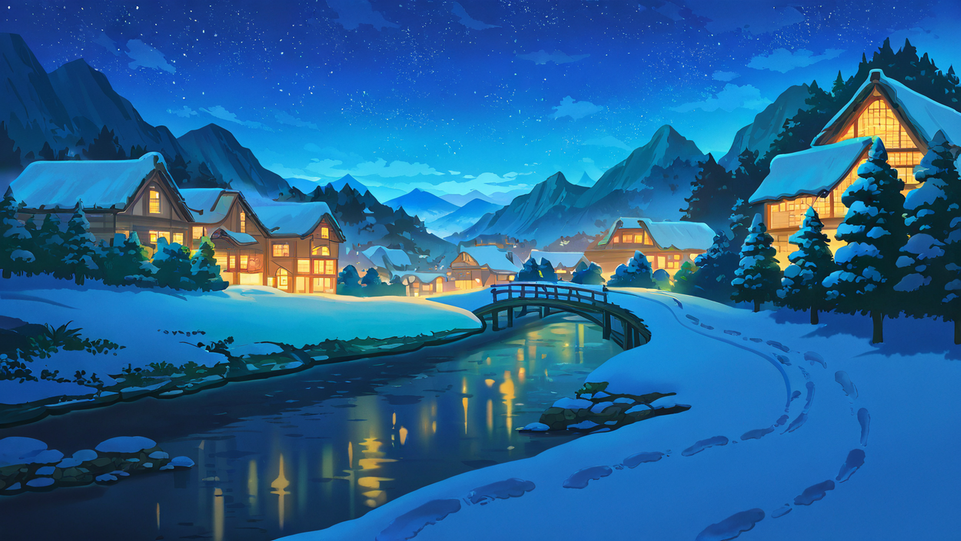 snowy mountain village lofi wallpaper