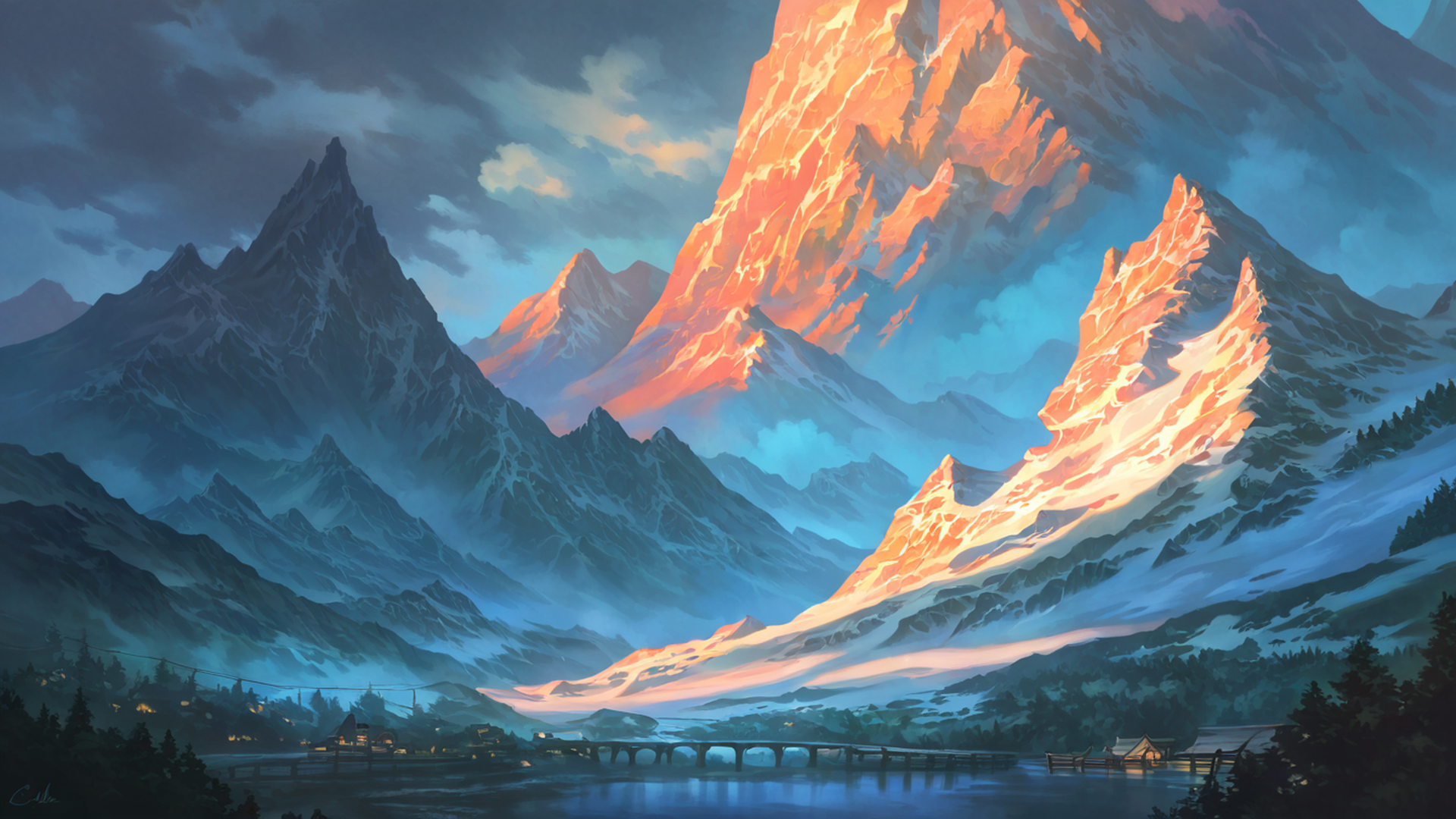 snowy mountain village lofi wallpaper