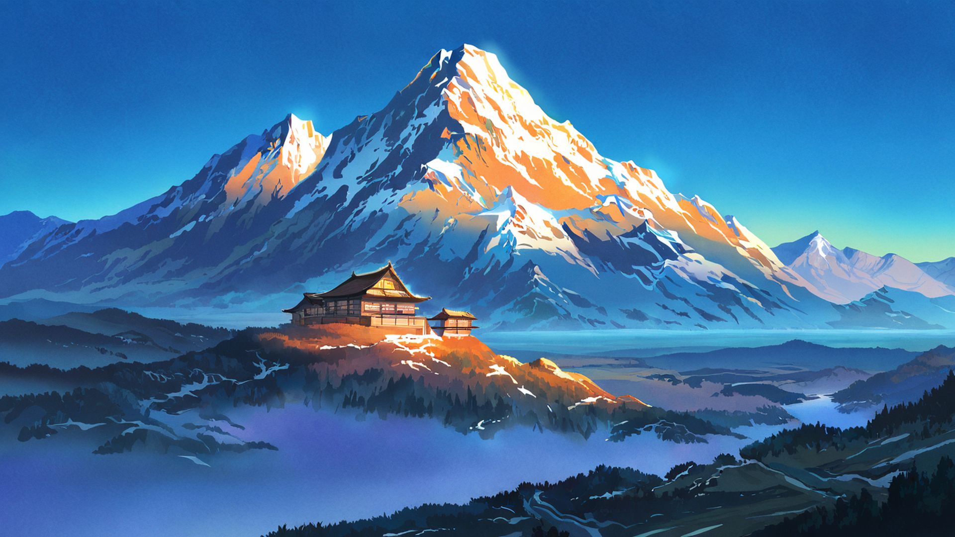 snowy mountain village lofi wallpaper