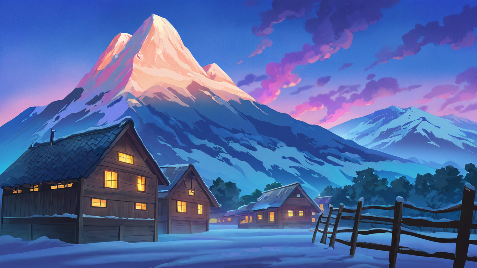 snowy mountain village lofi wallpaper